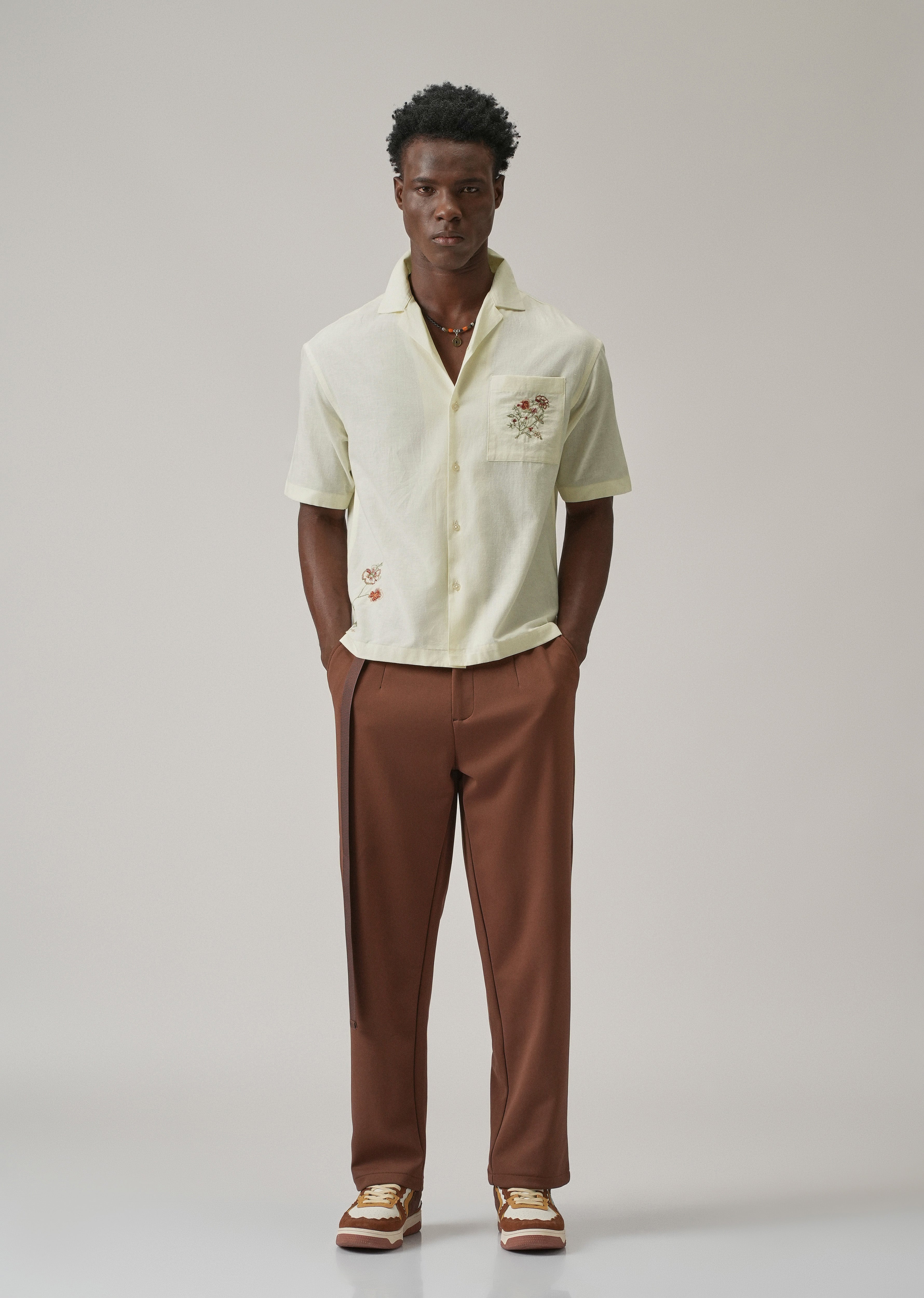 Cream Floral Embroidery Linen Shirt