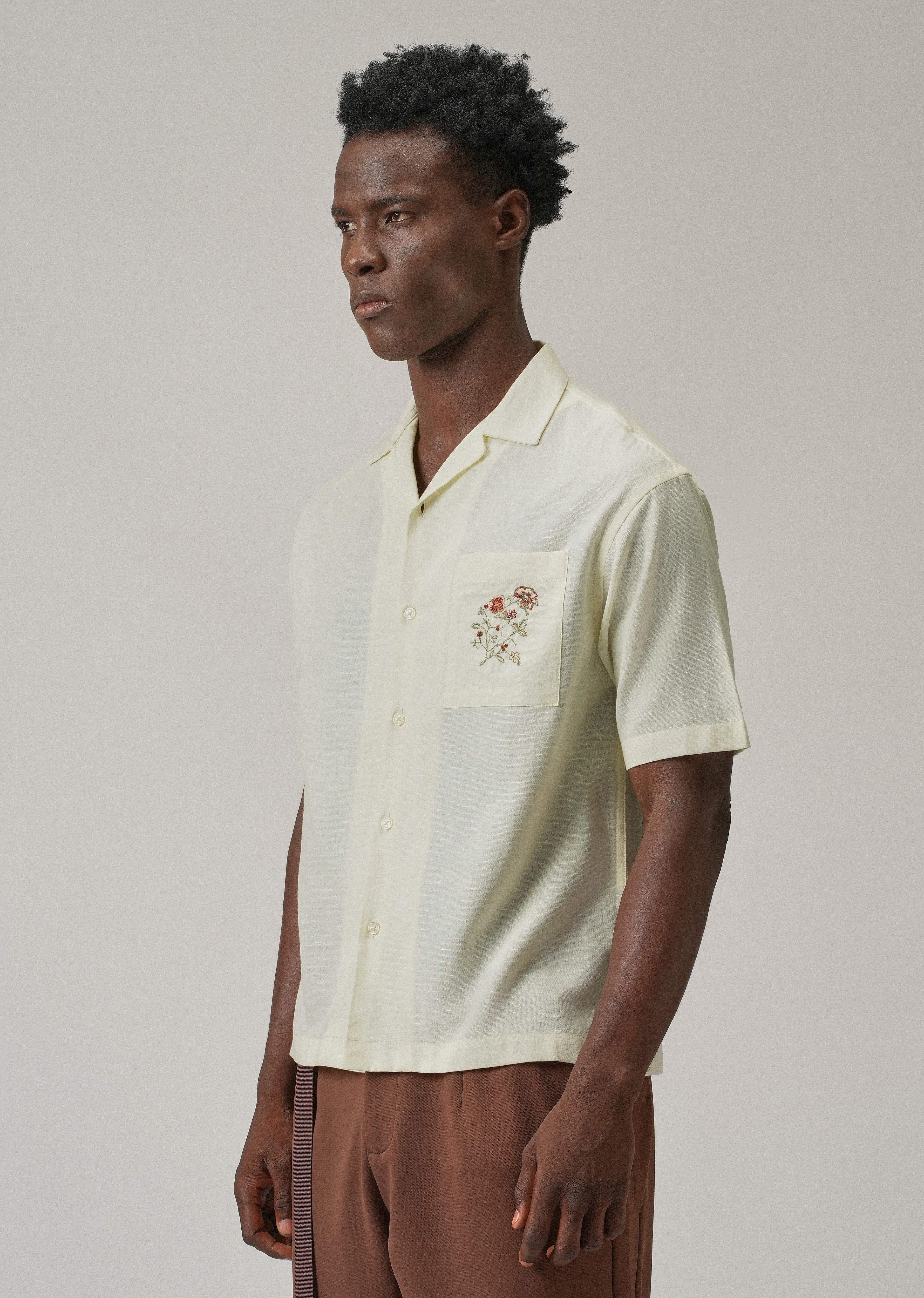 Cream Floral Embroidery Linen Shirt