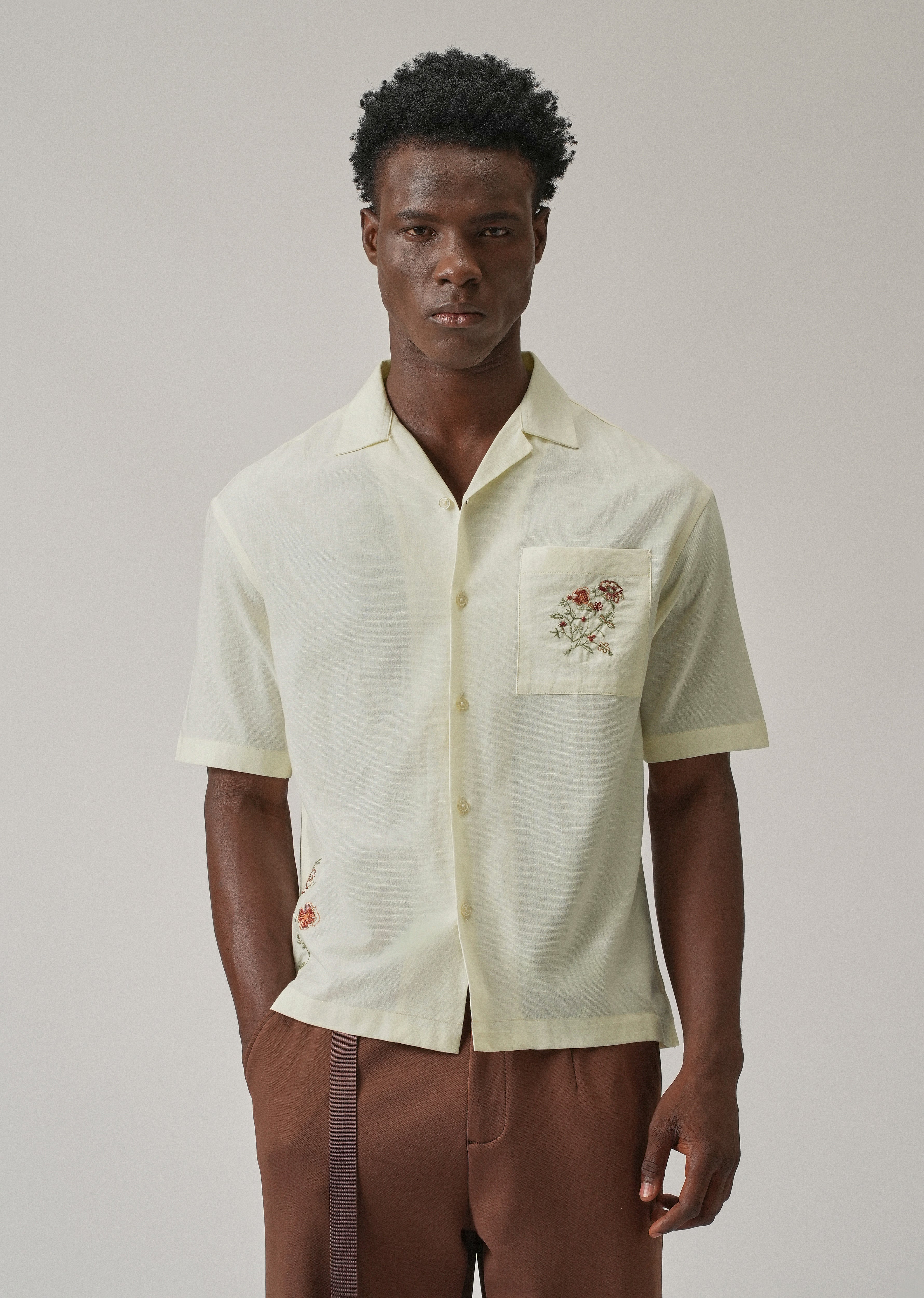 Cream Floral Embroidery Linen Shirt