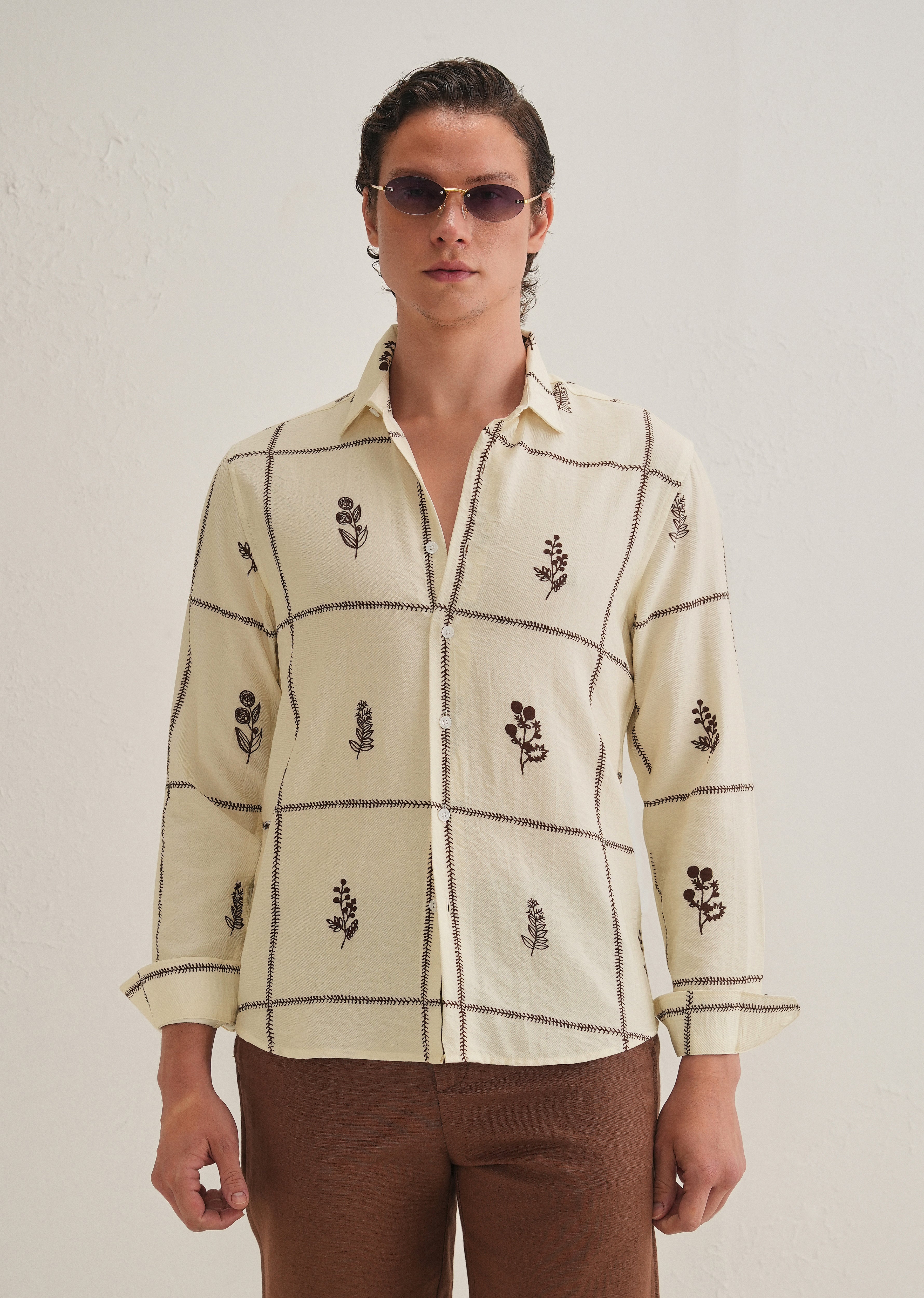 Cream Floral Grid Printed Shirt