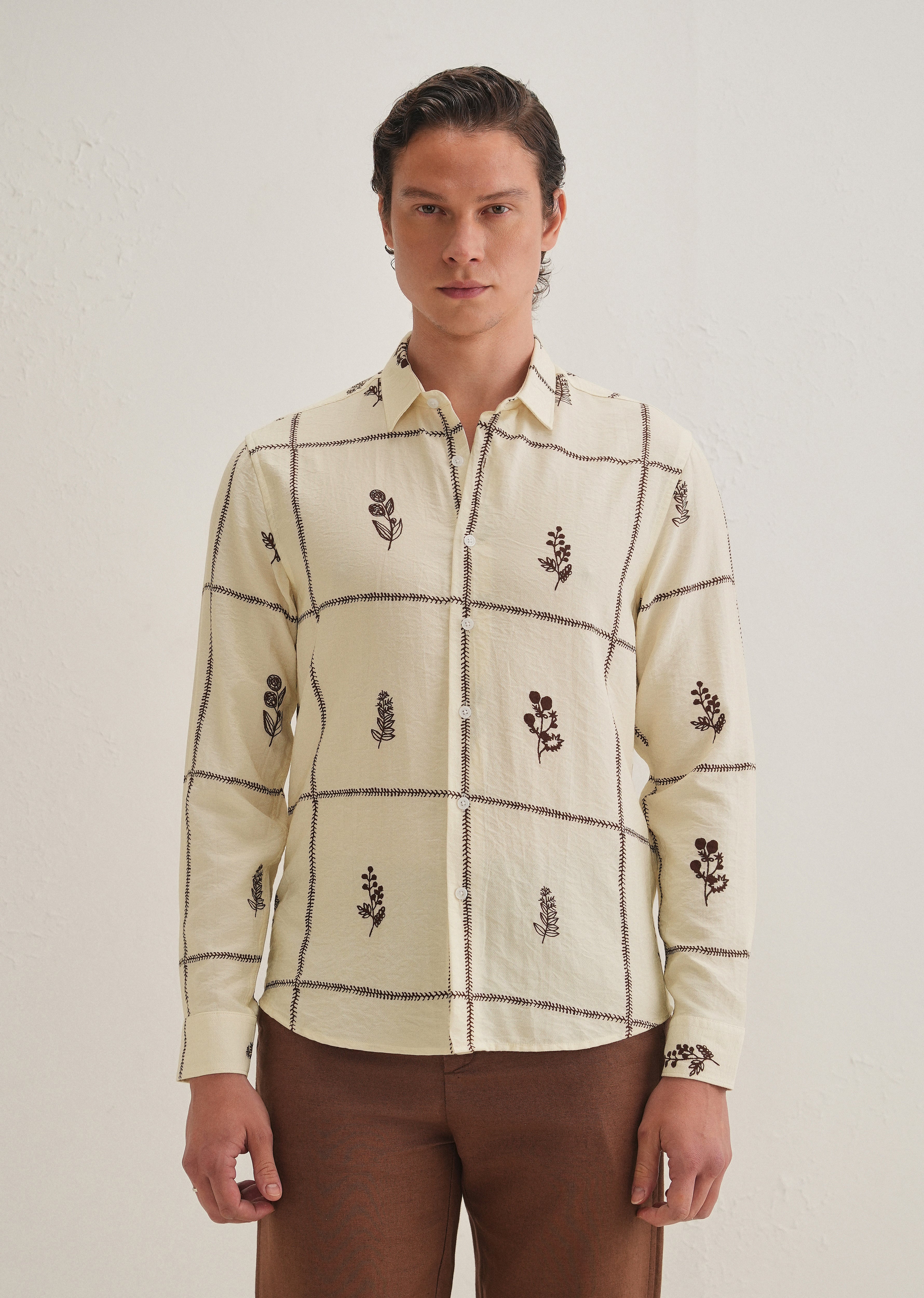 Cream Floral Grid Printed Shirt