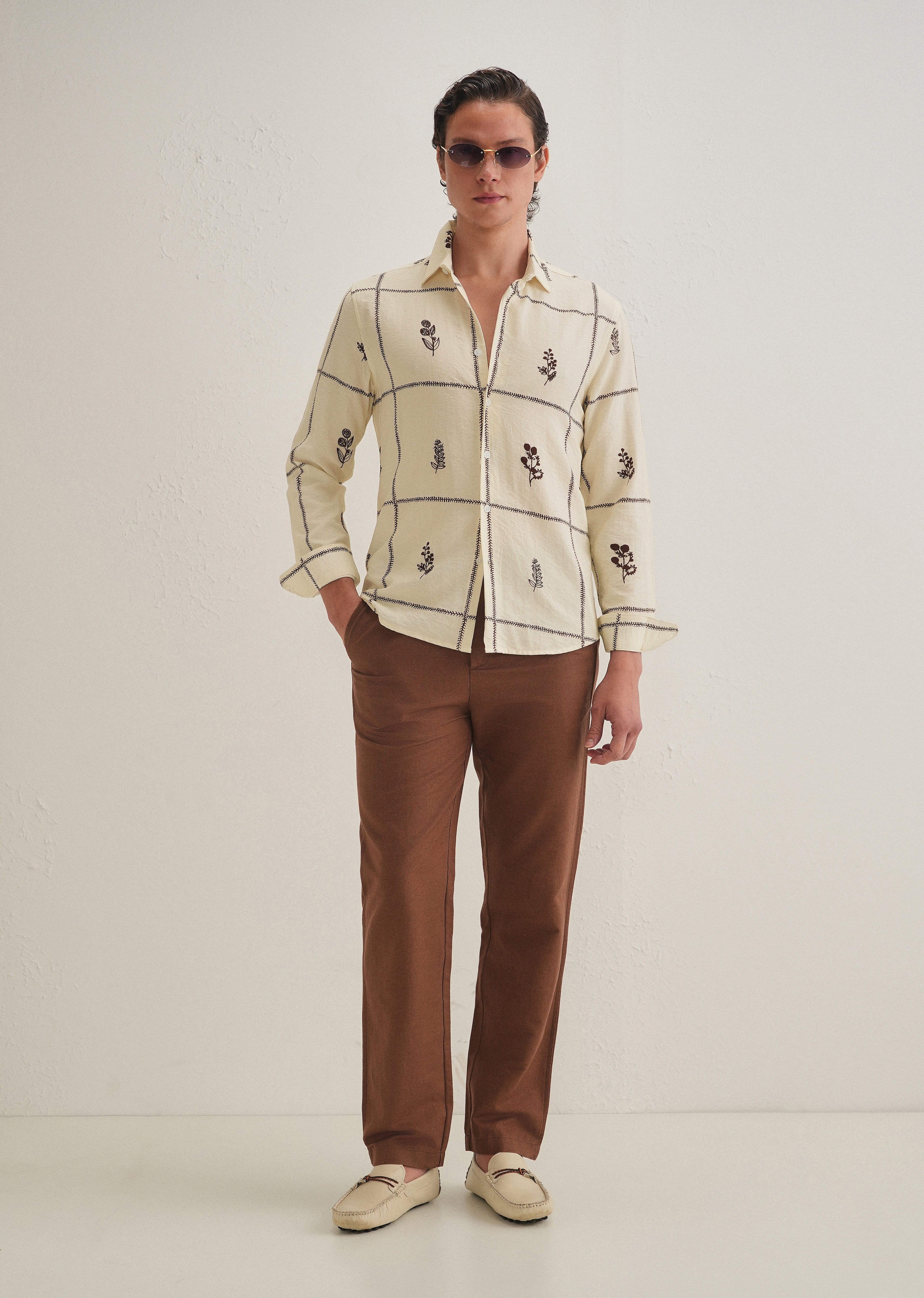 Cream Floral Grid Printed Shirt