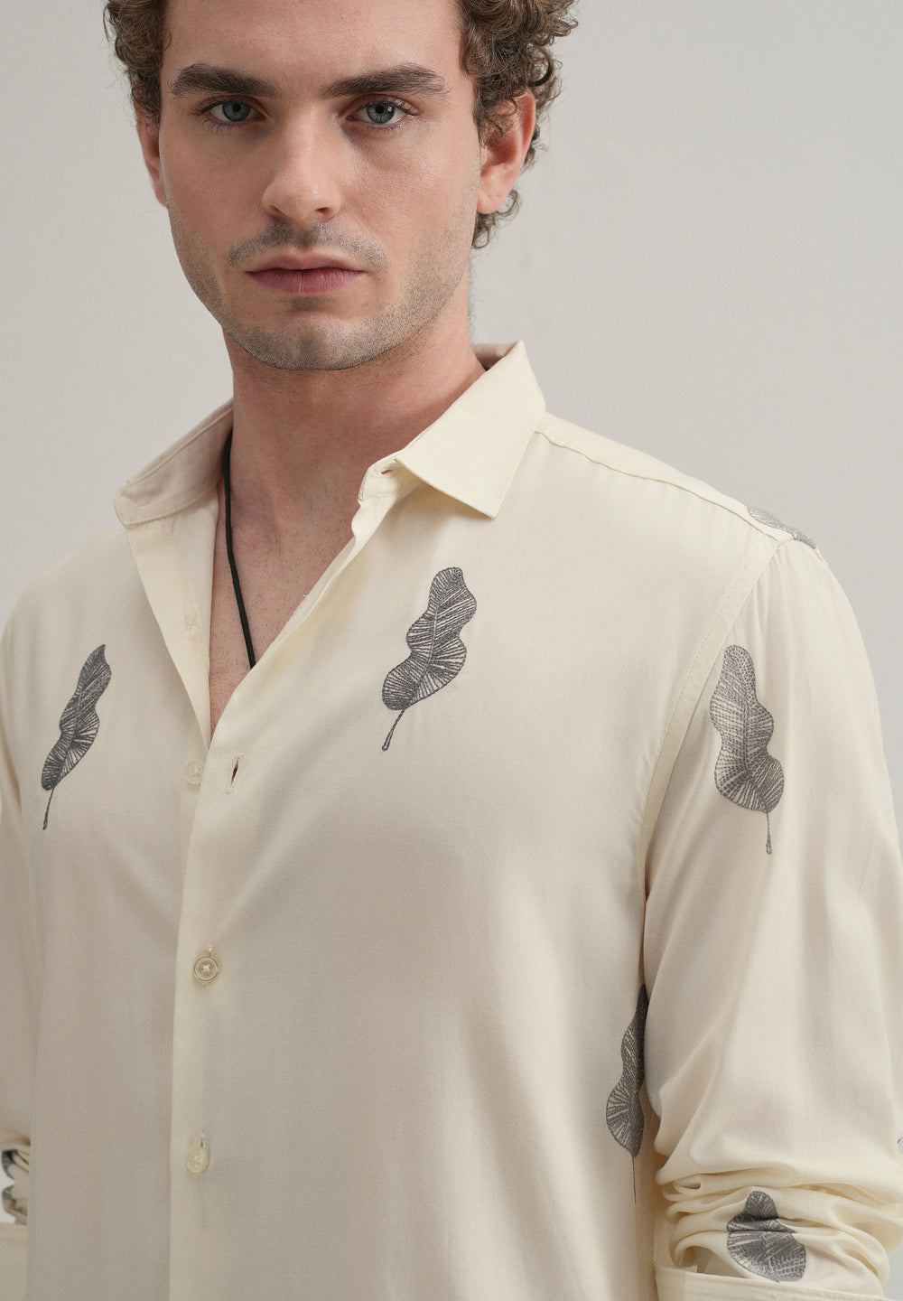 Cream Grey Leaf Motif Embroidery Shirt