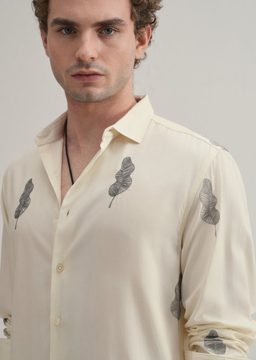 Cream Grey Leaf Motif Embroidery Shirt