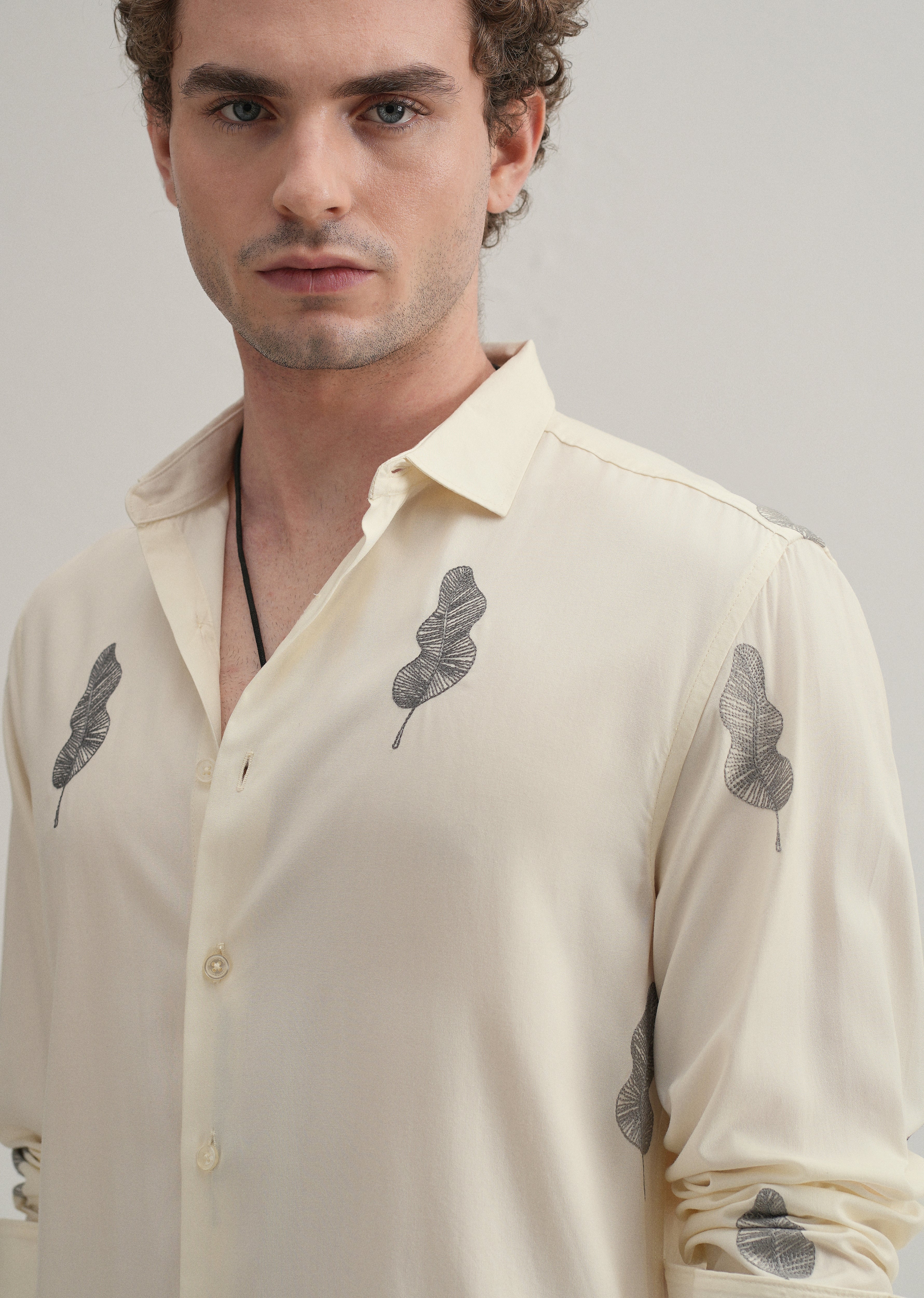 Cream Grey Leaf Motif Embroidery Shirt