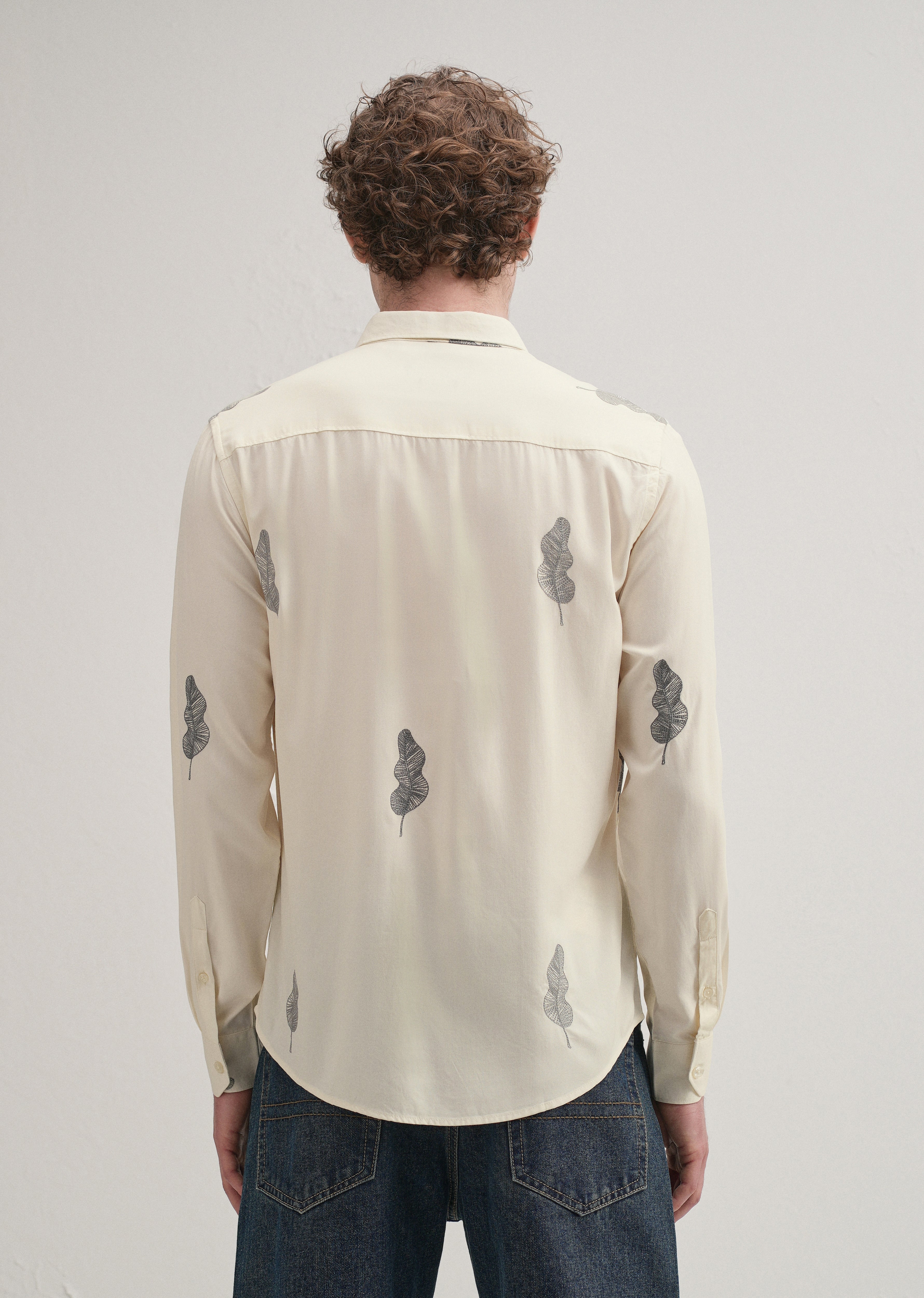 Cream Grey Leaf Motif Embroidery Shirt