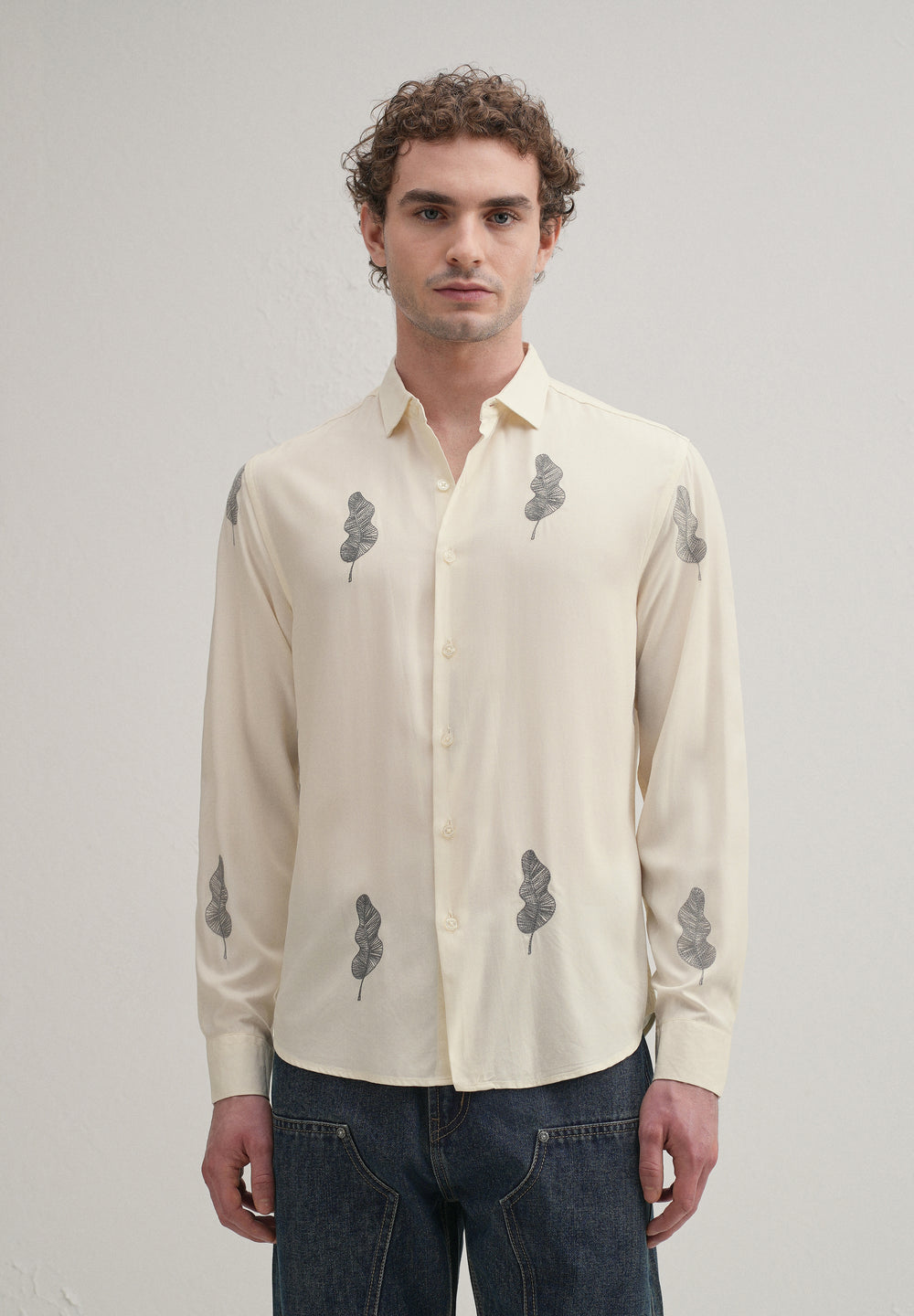 Cream Grey Leaf Motif Embroidery Shirt
