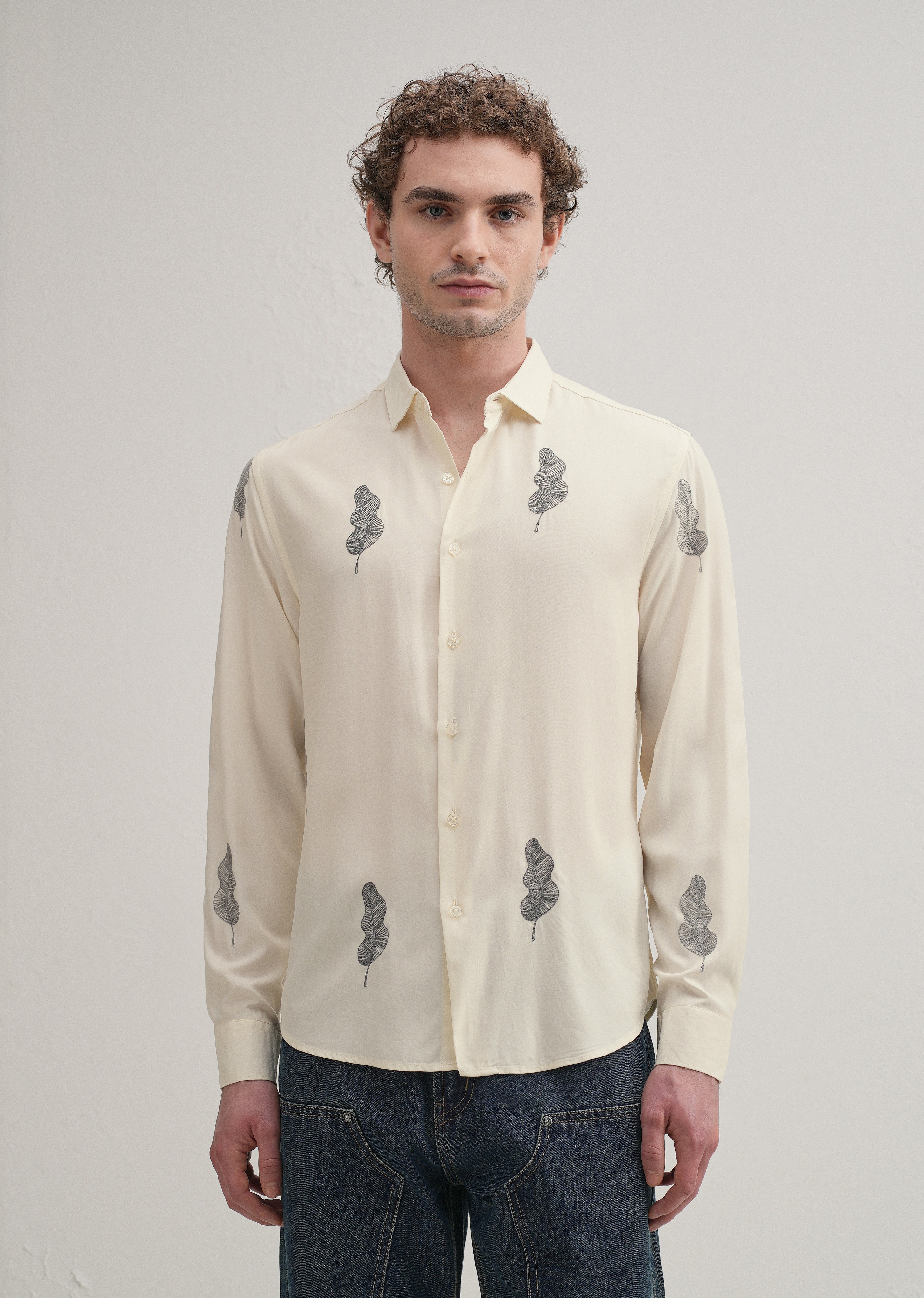 Cream Grey Leaf Motif Embroidery Shirt