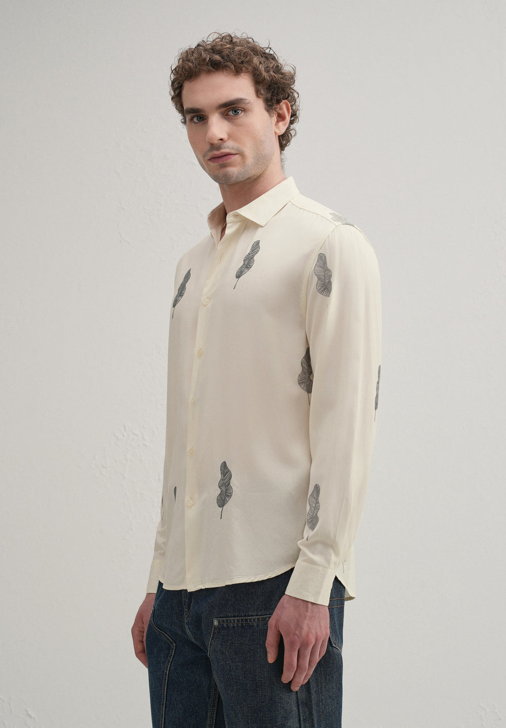 Cream Grey Leaf Motif Embroidery Shirt