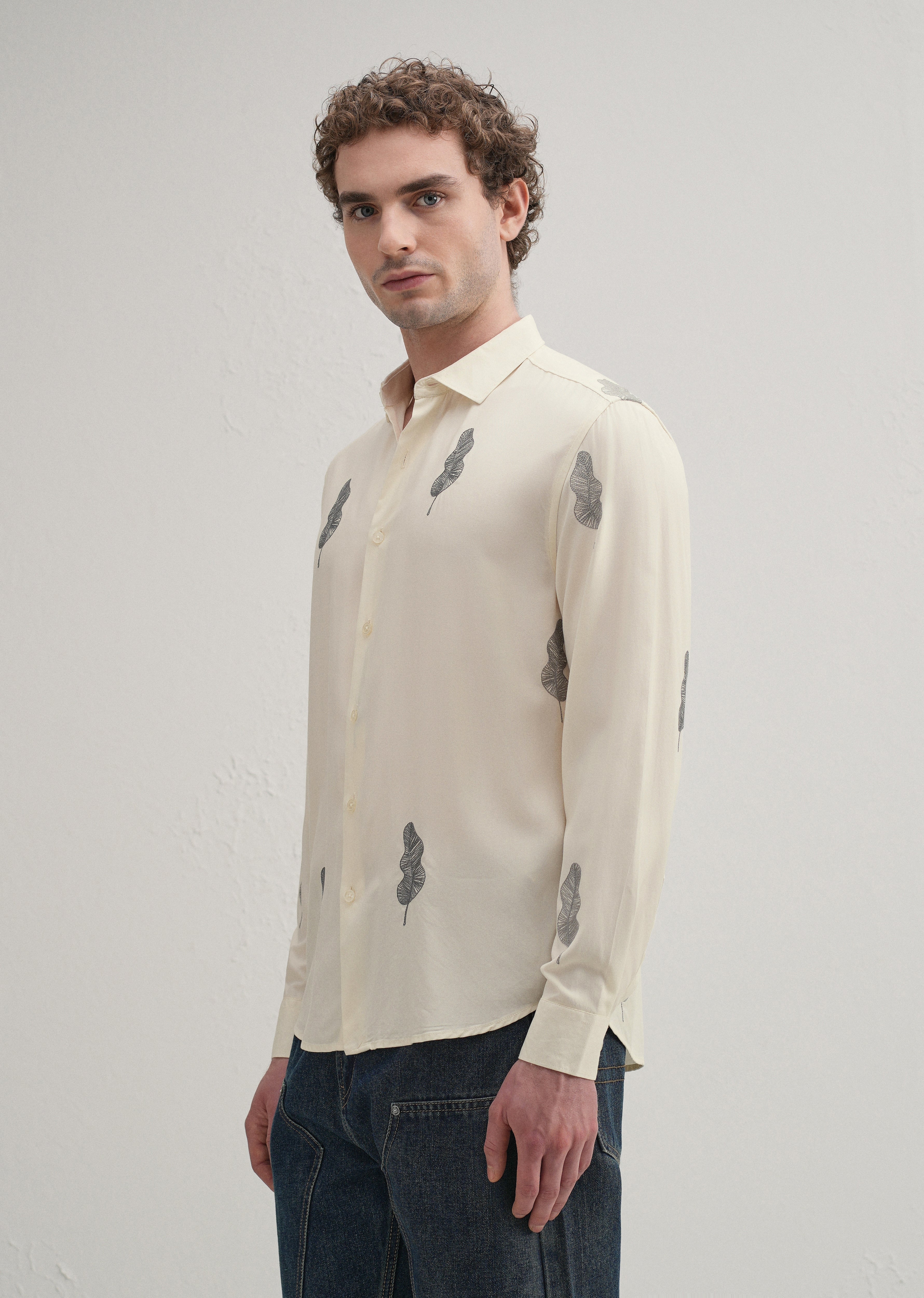 Cream Grey Leaf Motif Embroidery Shirt