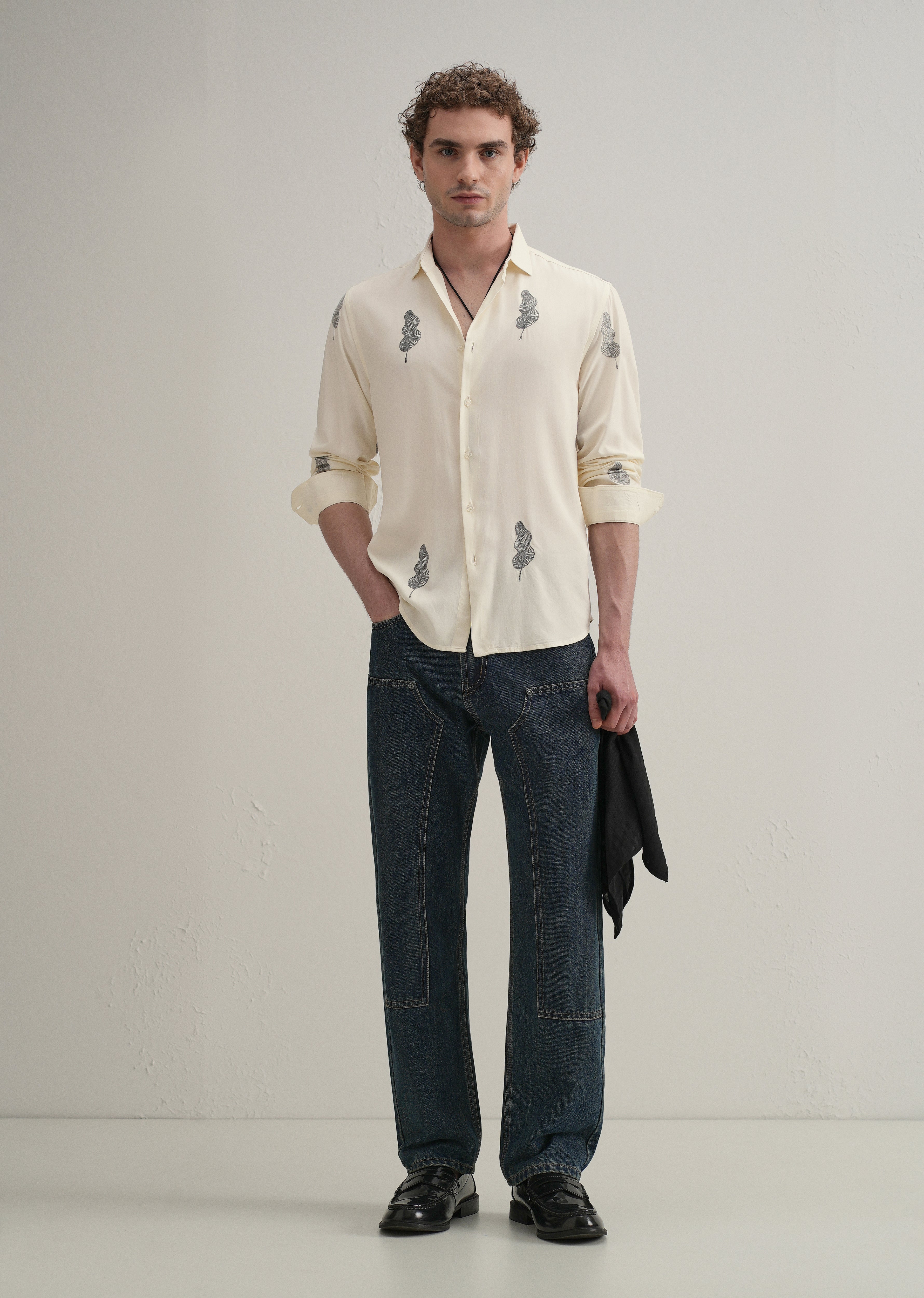 Cream Grey Leaf Motif Embroidery Shirt