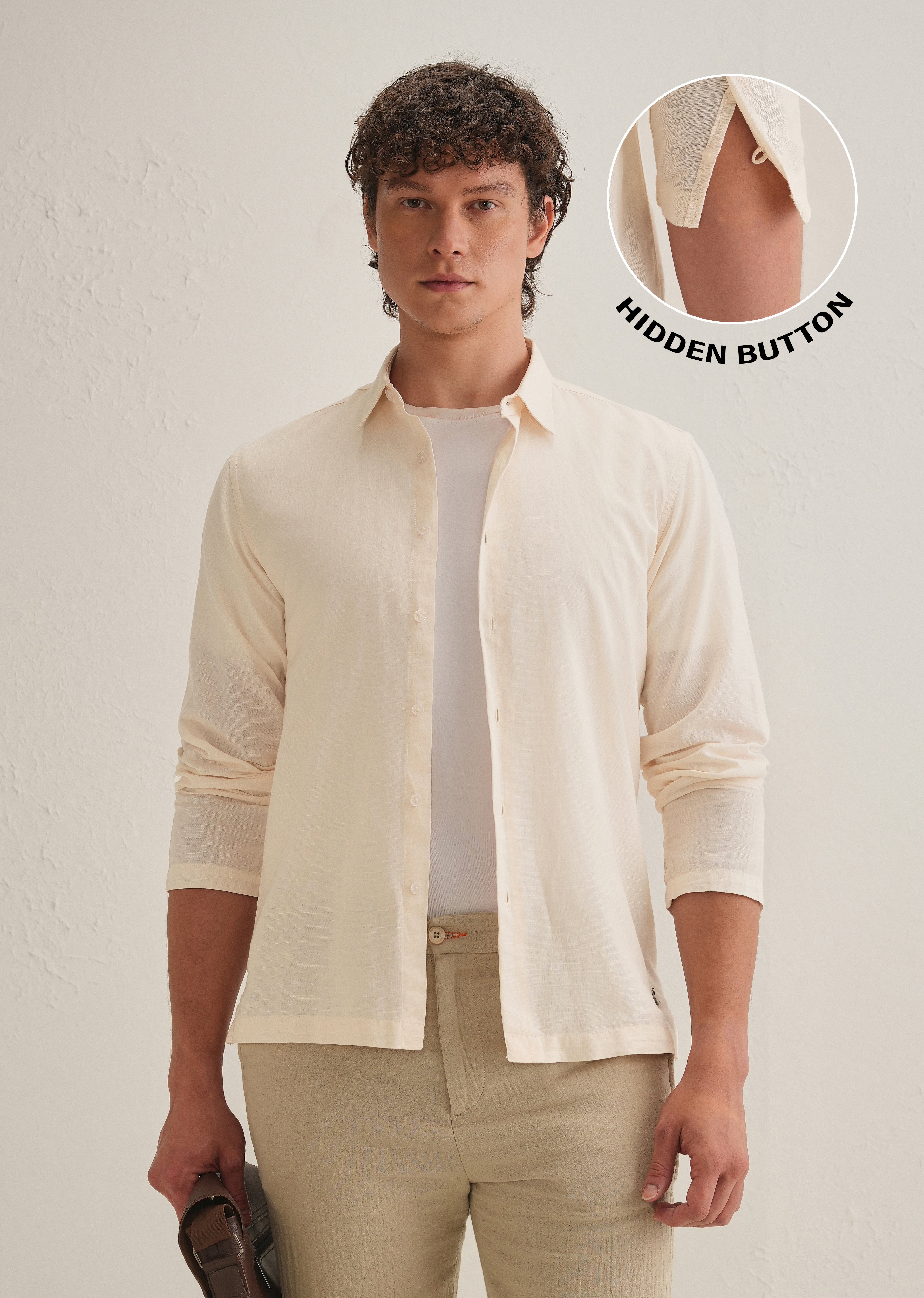 Cream Hidden Sleeve Placket Cotton Linen Shirt