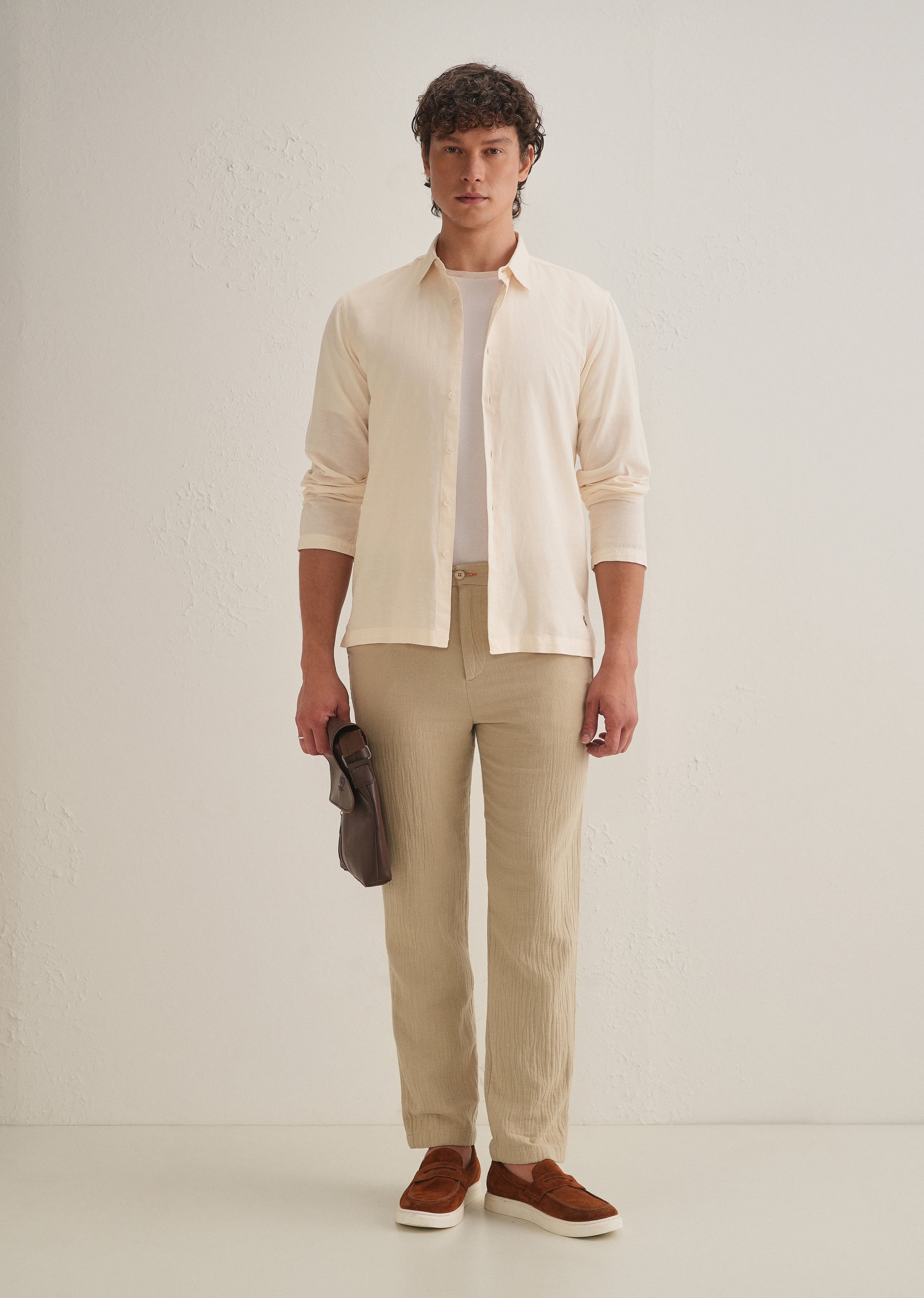 Cream Hidden Sleeve Placket Cotton Linen Shirt