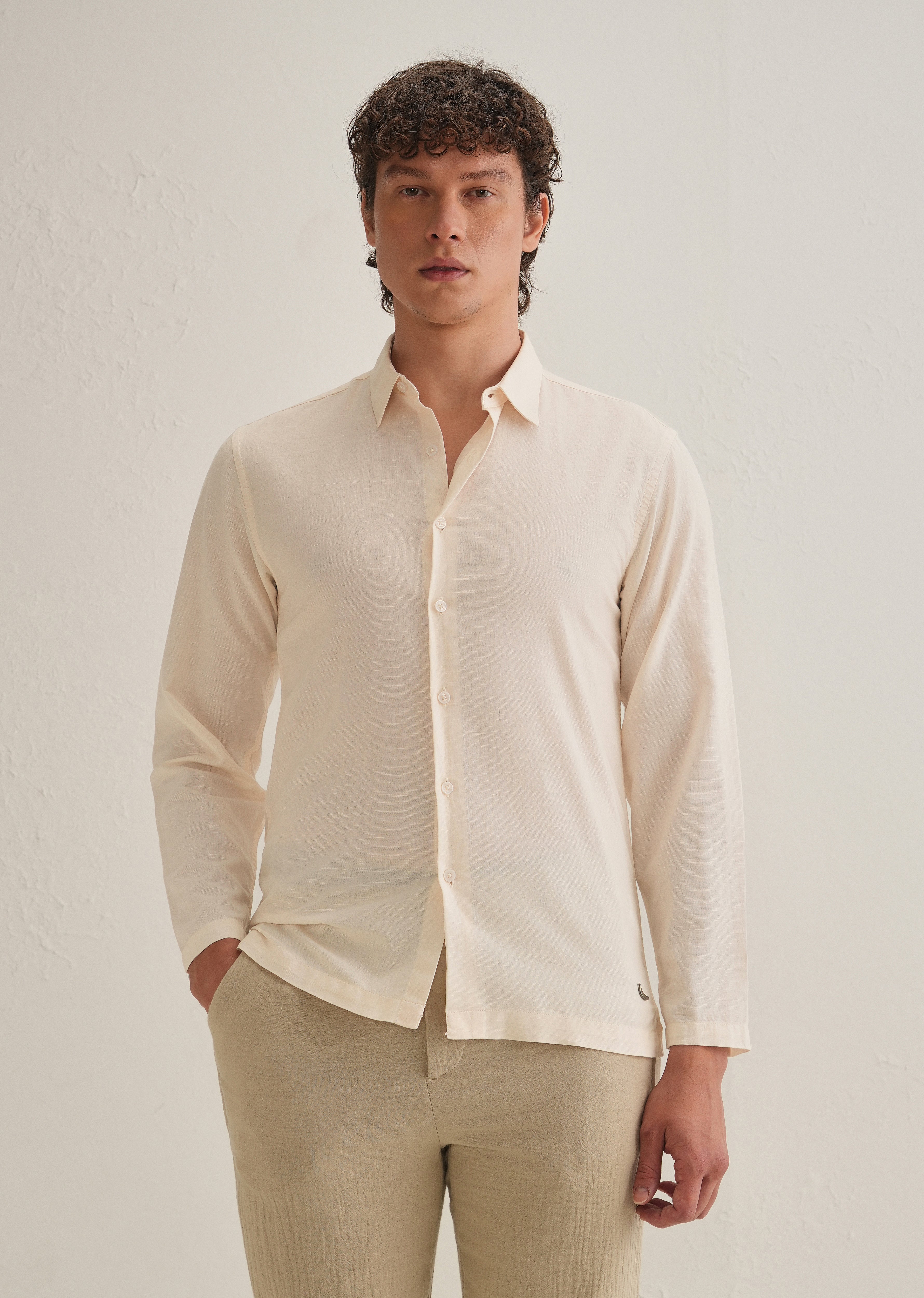 Cream Hidden Sleeve Placket Cotton Linen Shirt