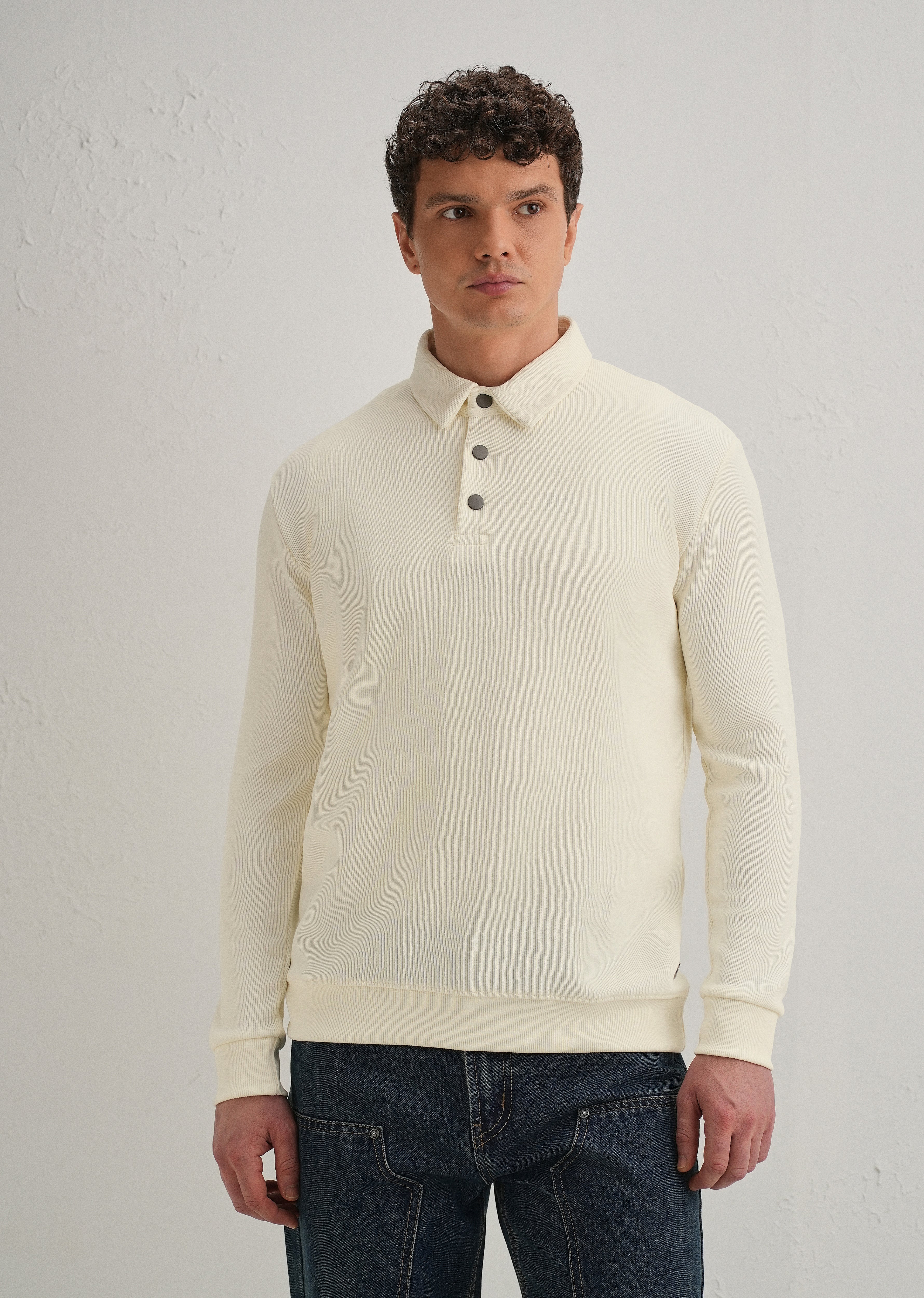 Cream Knitted Polo Sweatshirt