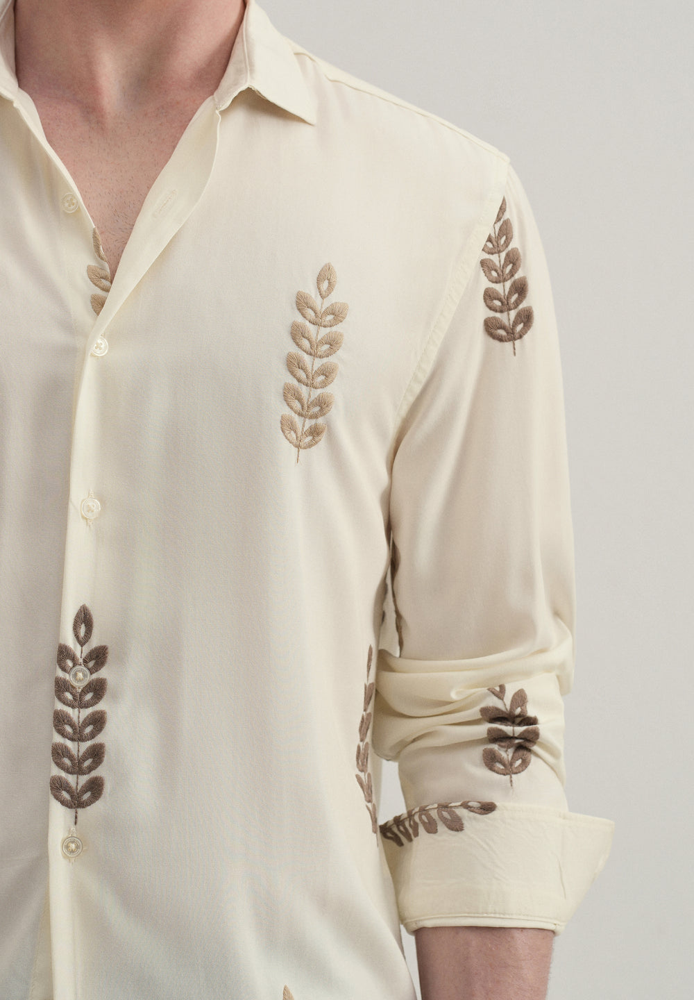 Cream Leaf Embroidery Shirt