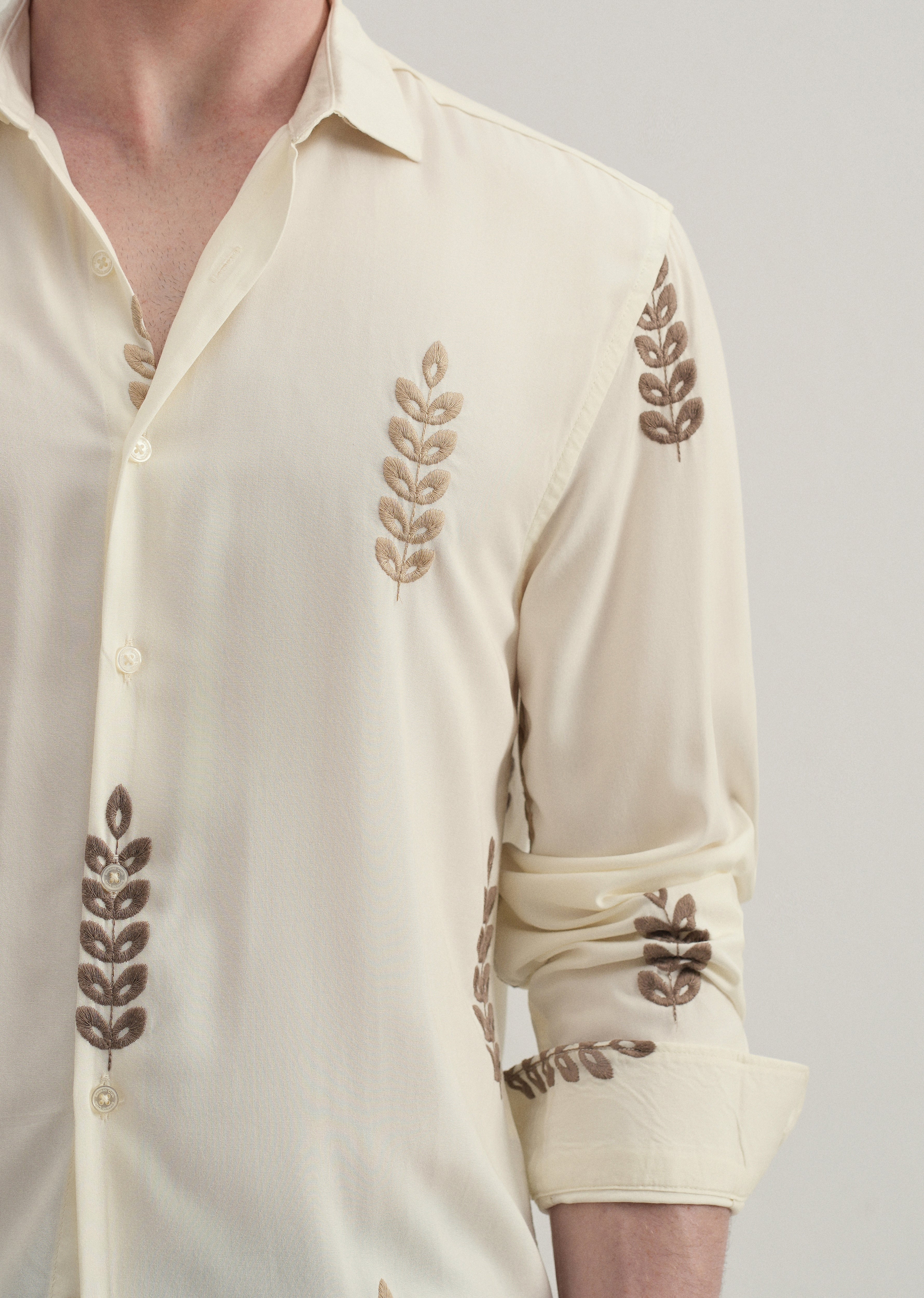 Cream Leaf Embroidery Shirt