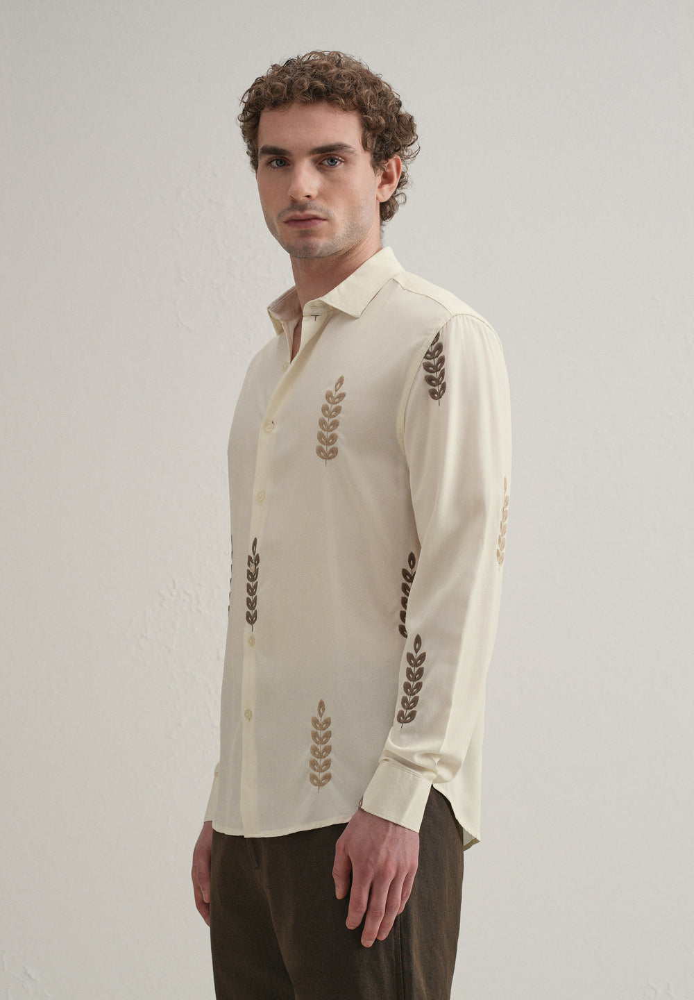 Cream Leaf Embroidery Shirt