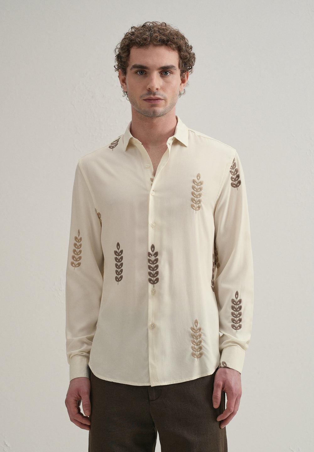 Cream Leaf Embroidery Shirt