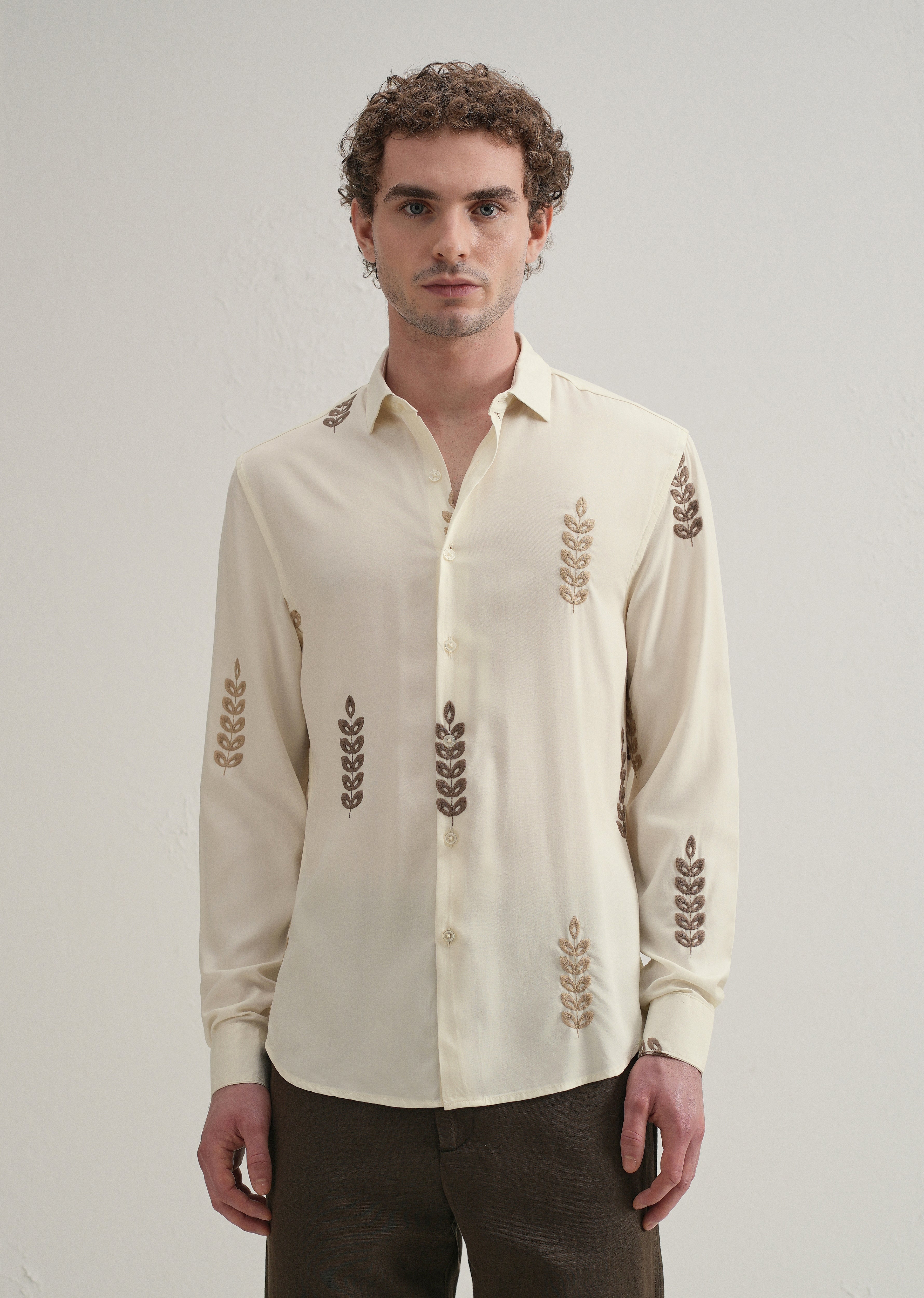 Cream Leaf Embroidery Shirt