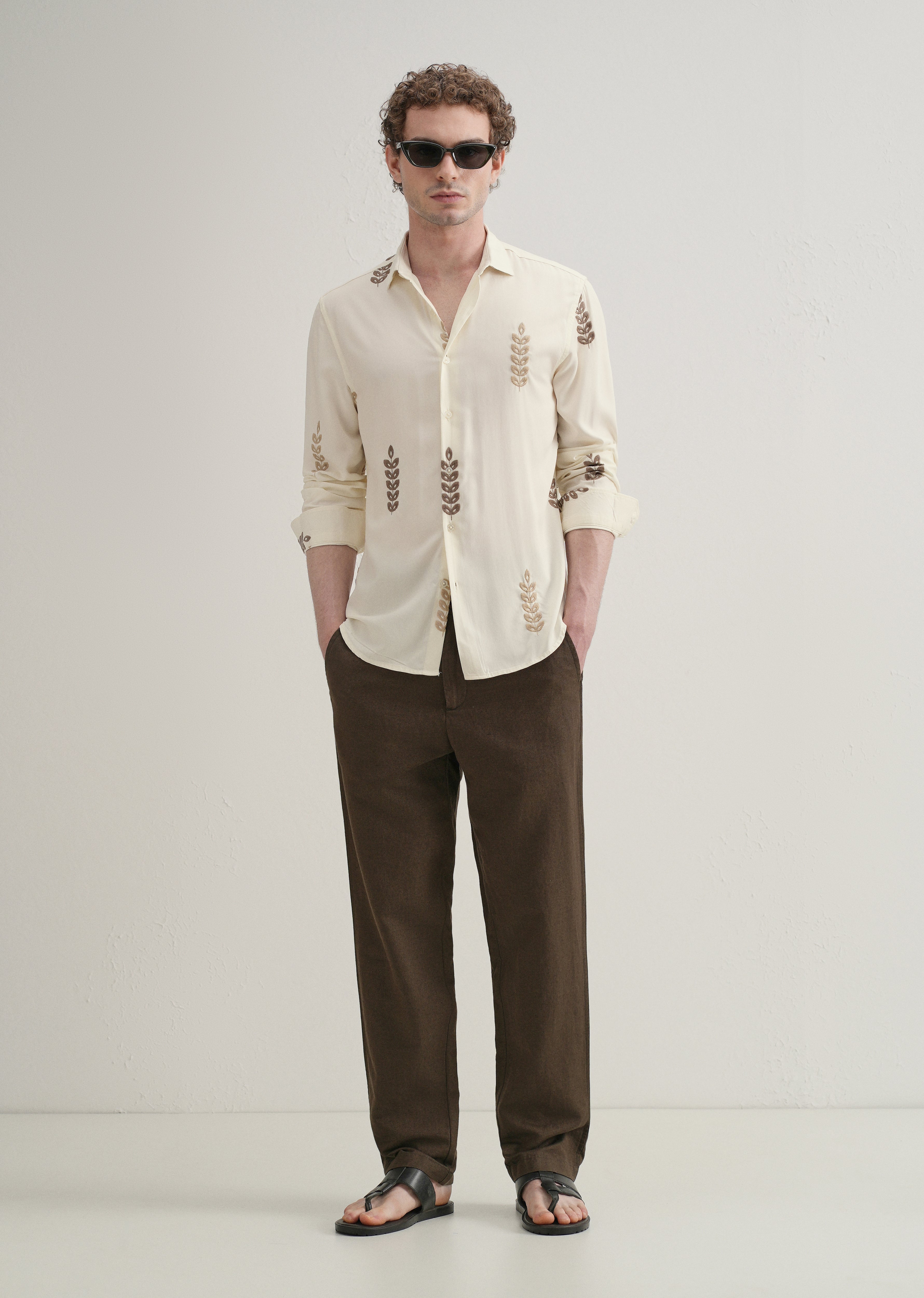 Cream Leaf Embroidery Shirt