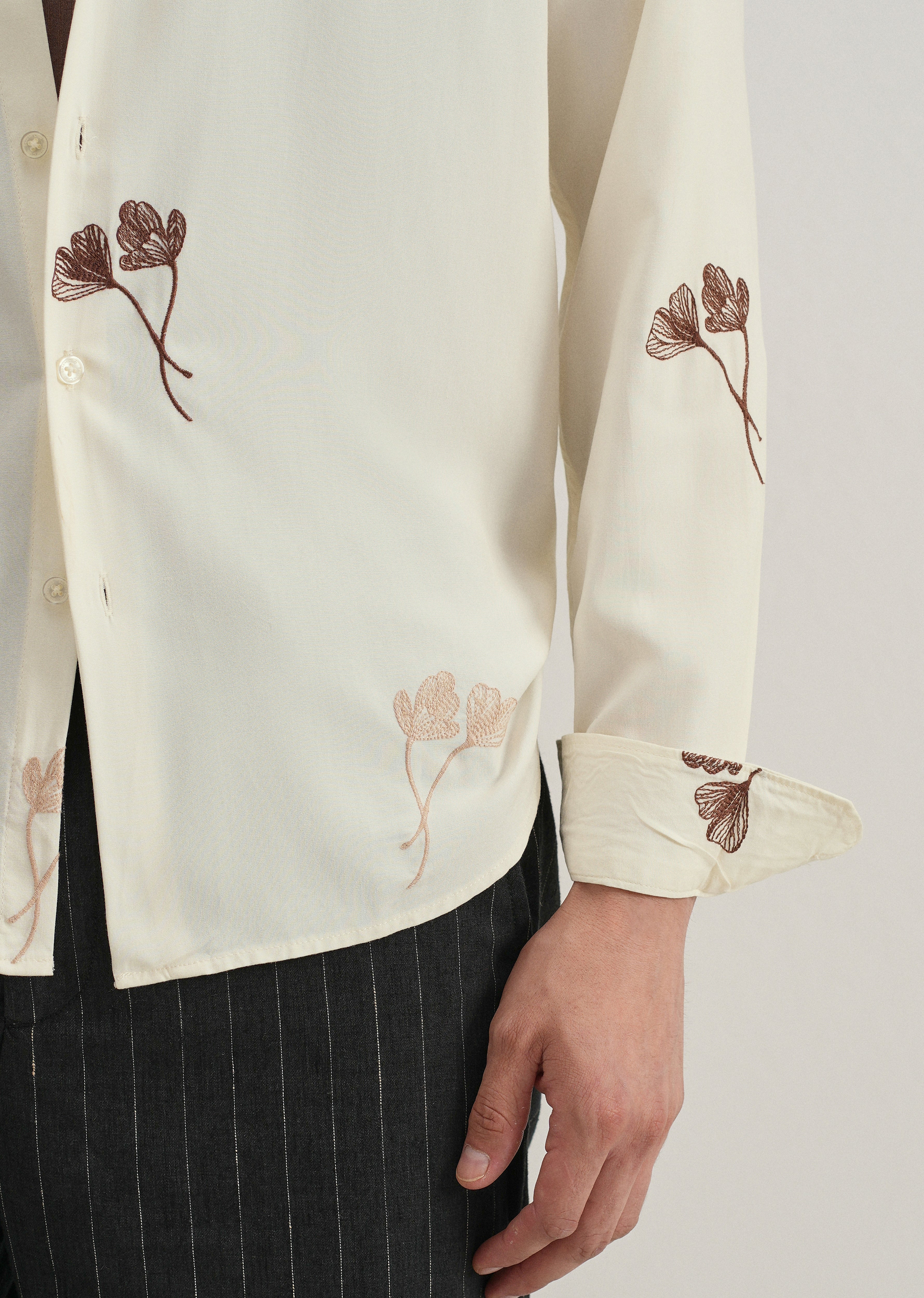 Cream Floral Motif Embroidery Shirt