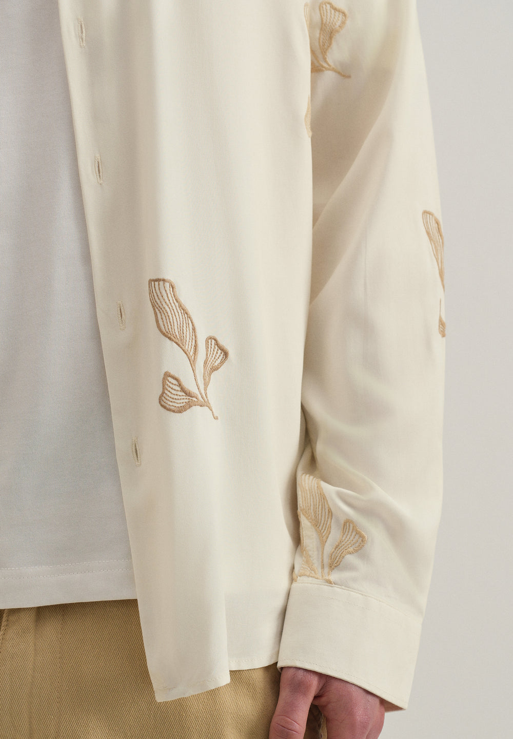 Cream Leaf Motif Embroidery Shirt