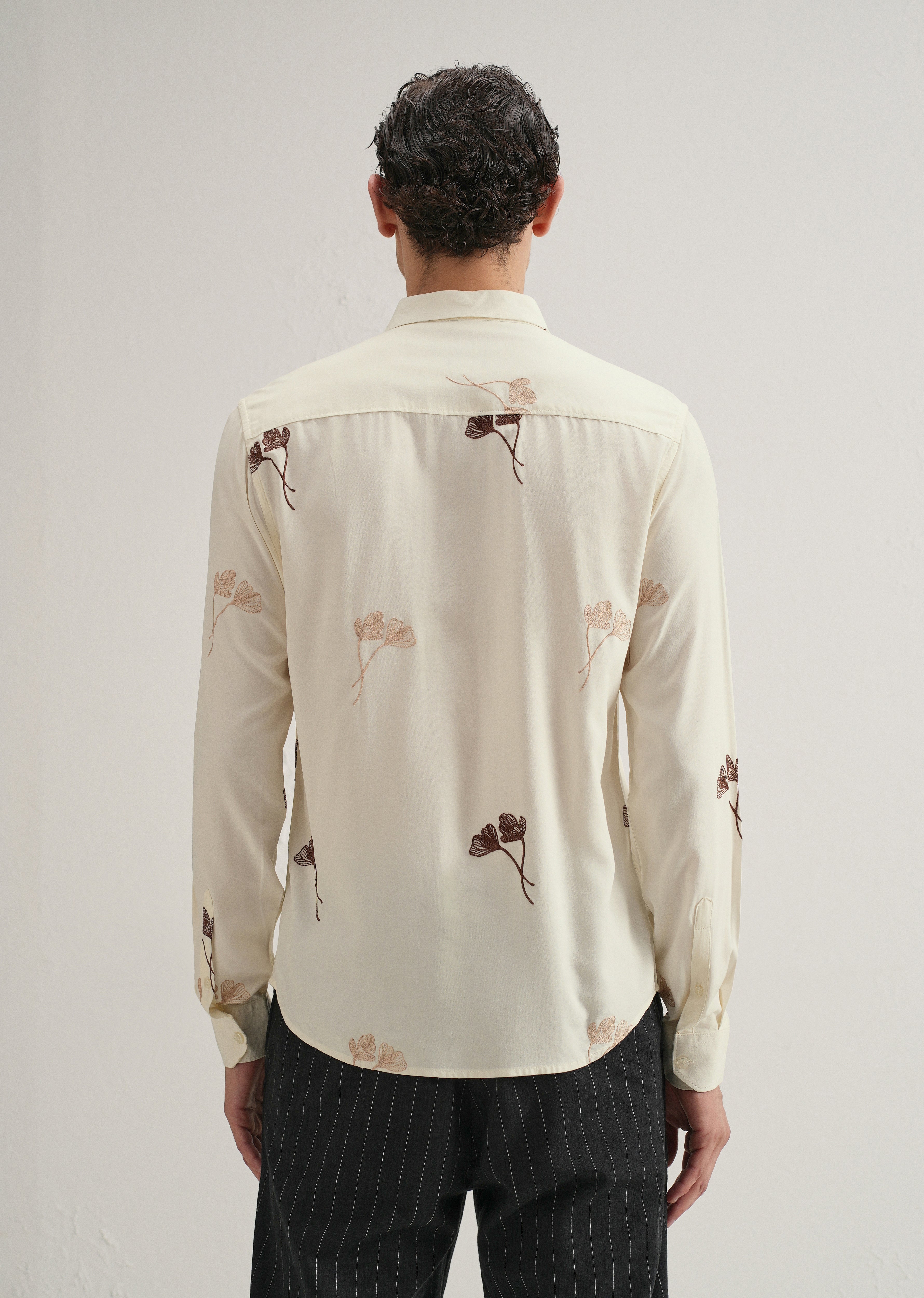 Cream Floral Motif Embroidery Shirt
