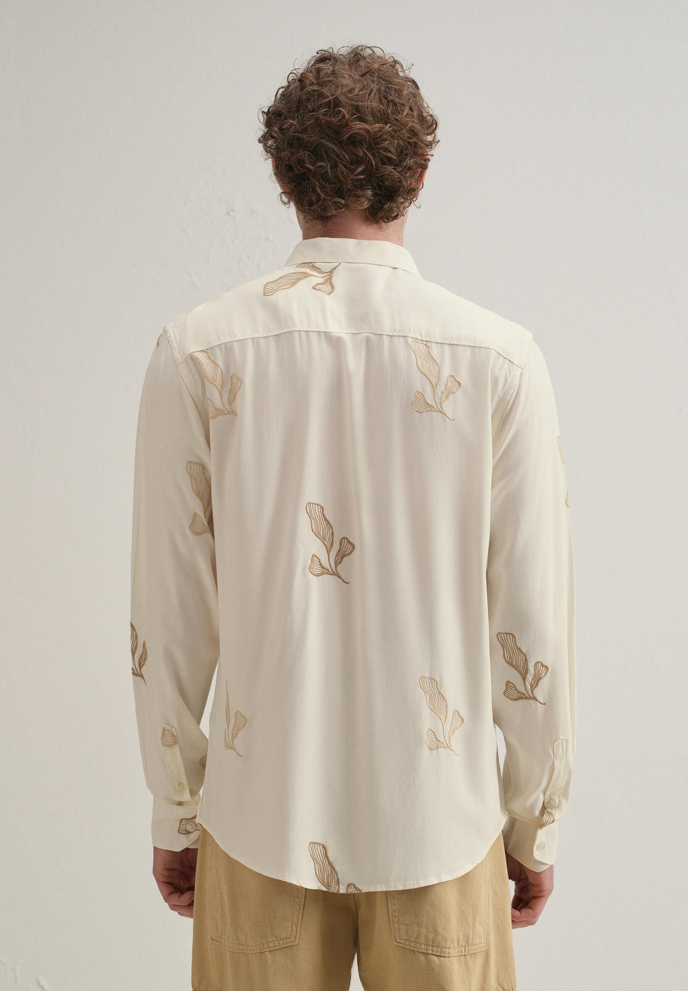 Cream Leaf Motif Embroidery Shirt