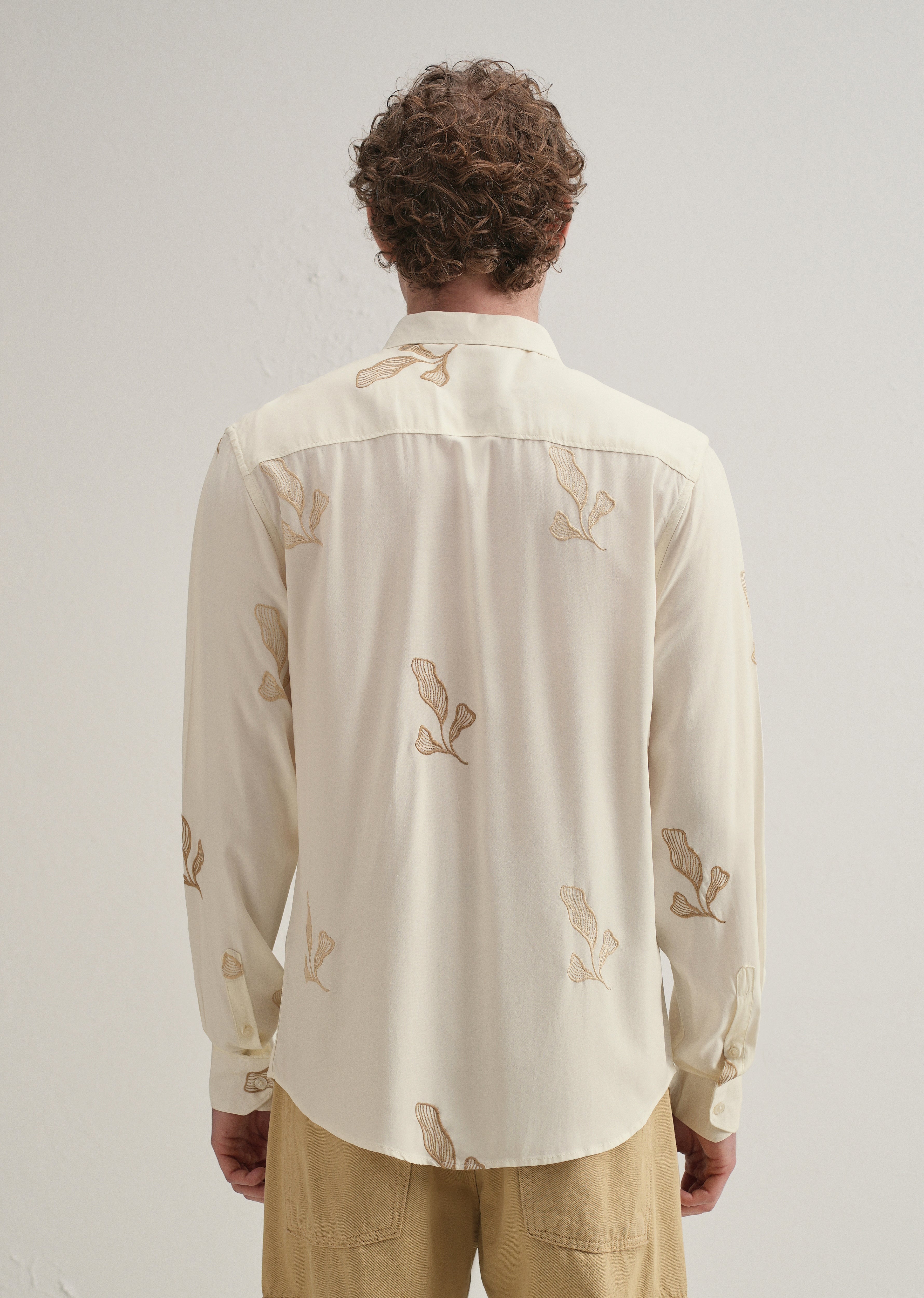 Cream Leaf Motif Embroidery Shirt