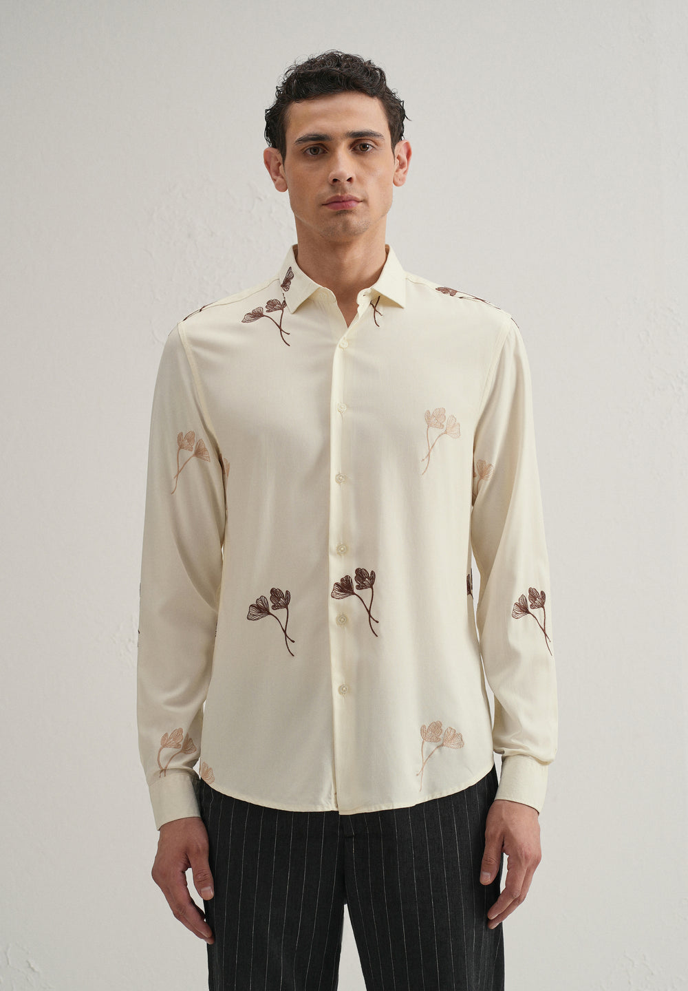 Cream Floral Motif Embroidery Shirt