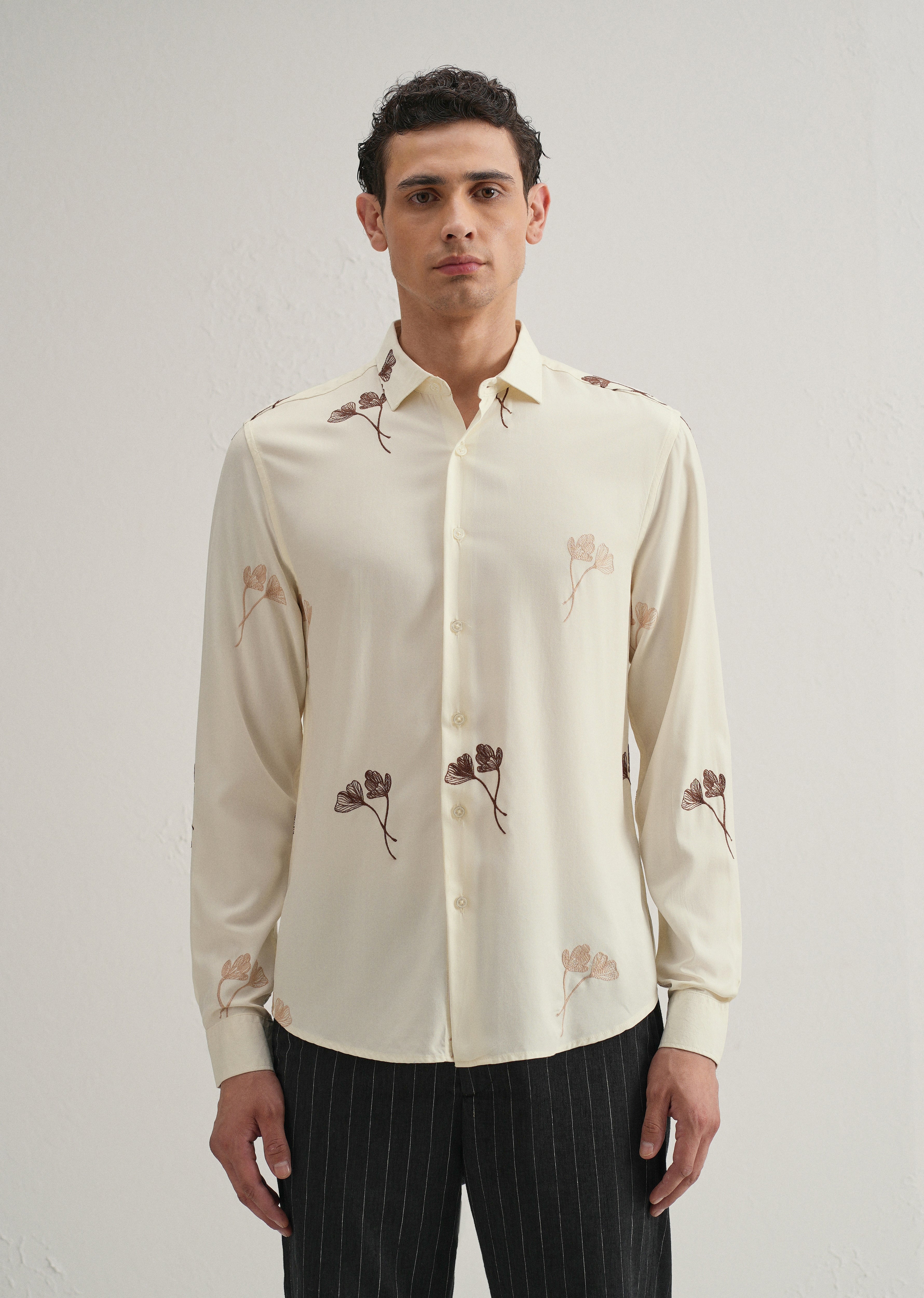 Cream Floral Motif Embroidery Shirt