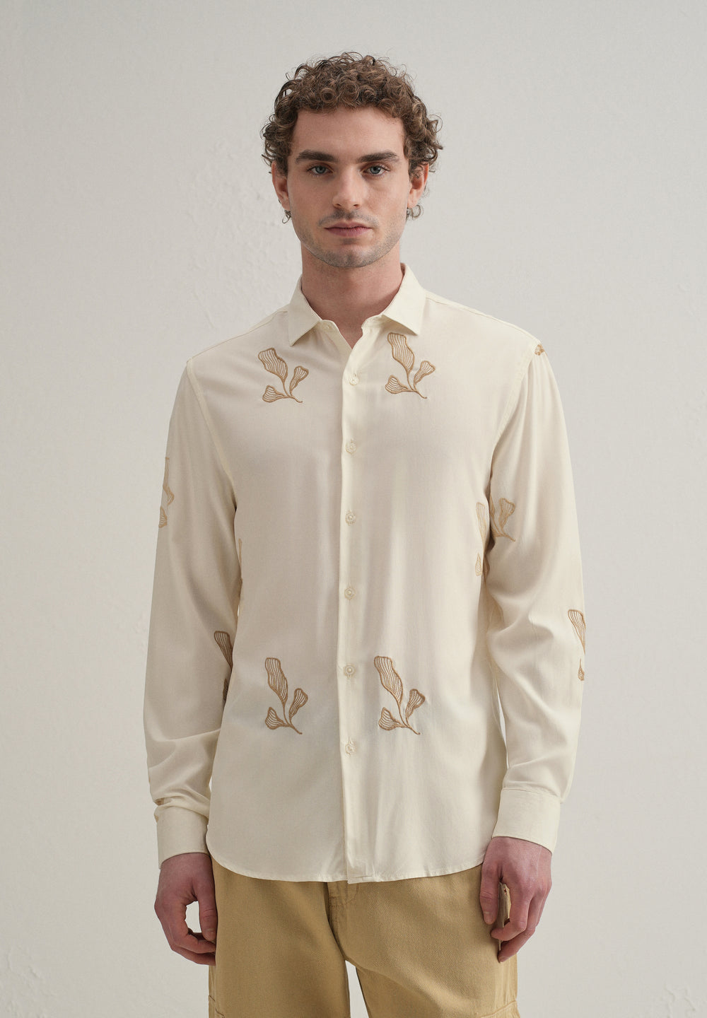 Cream Leaf Motif Embroidery Shirt