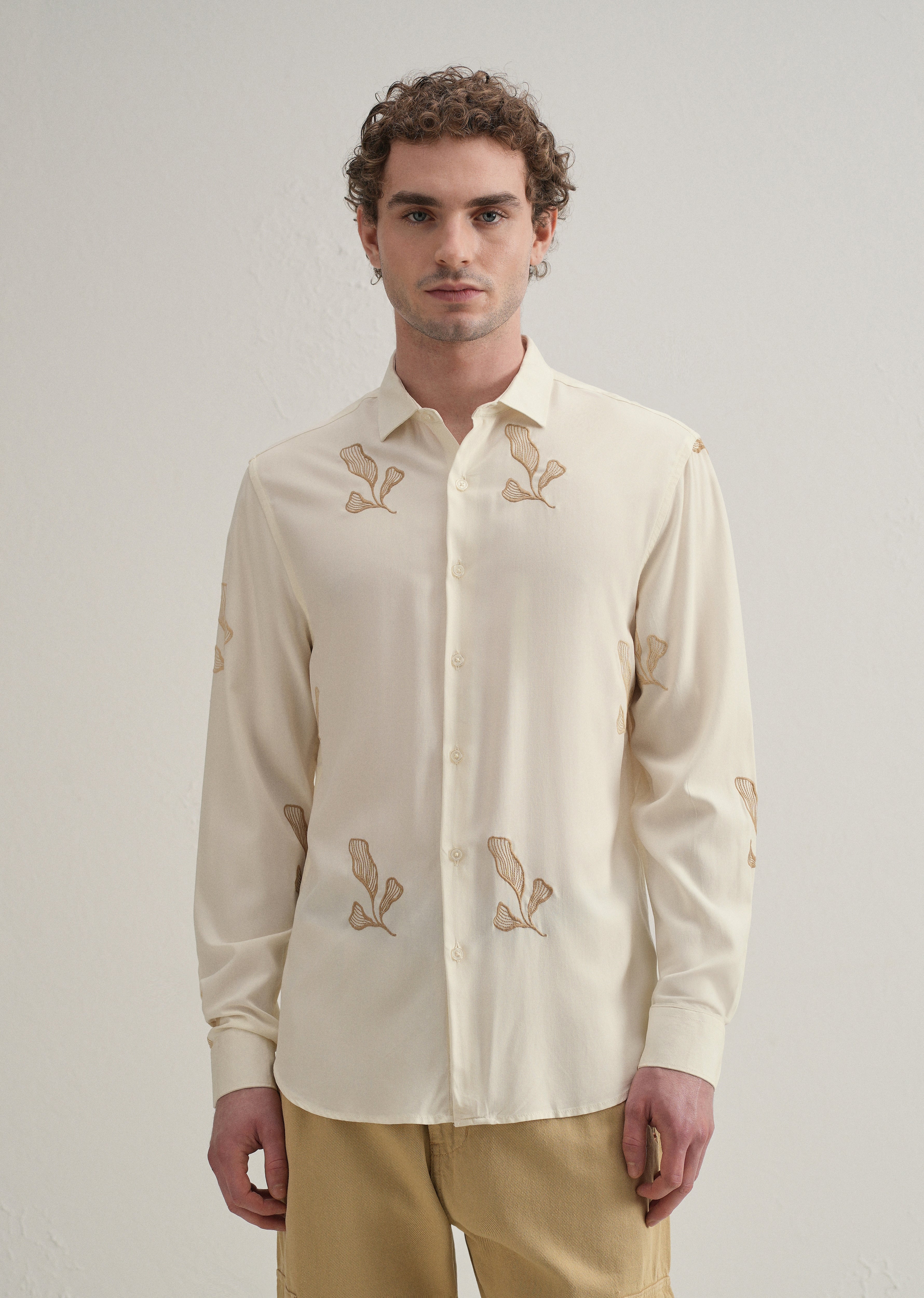 Cream Leaf Motif Embroidery Shirt