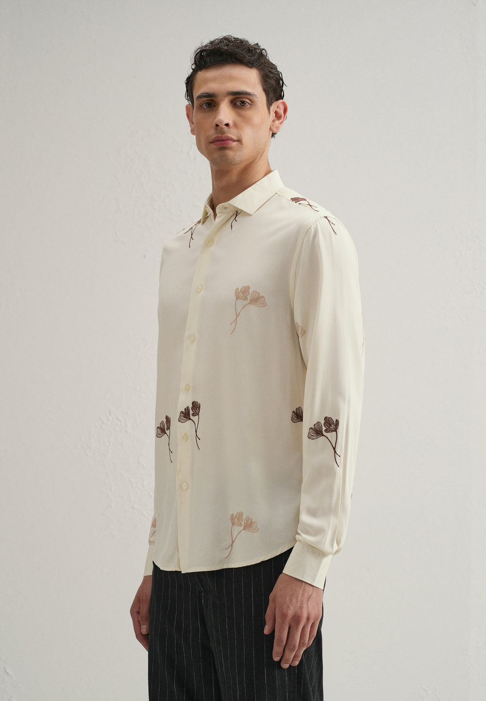 Cream Floral Motif Embroidery Shirt