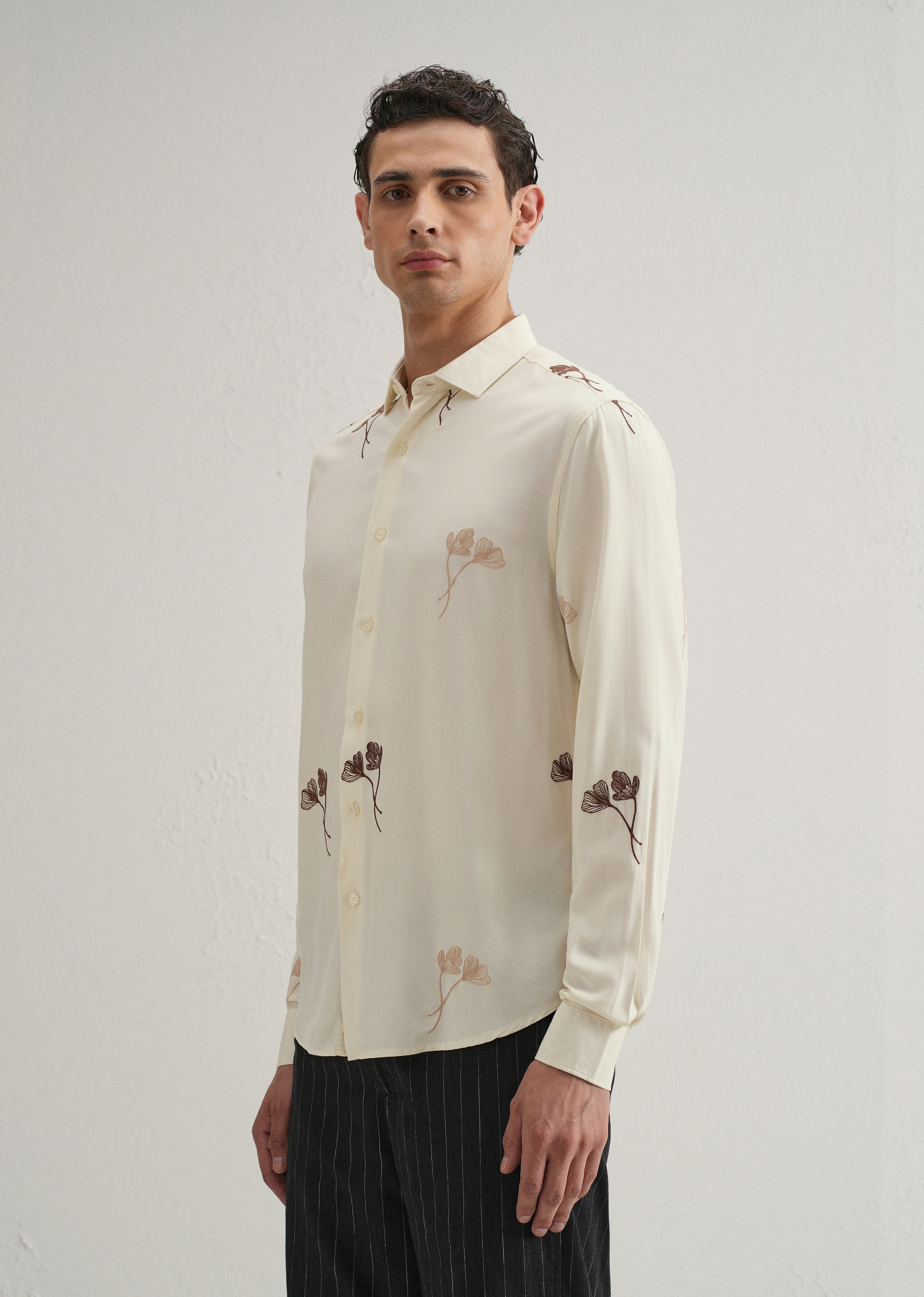 Cream Floral Motif Embroidery Shirt