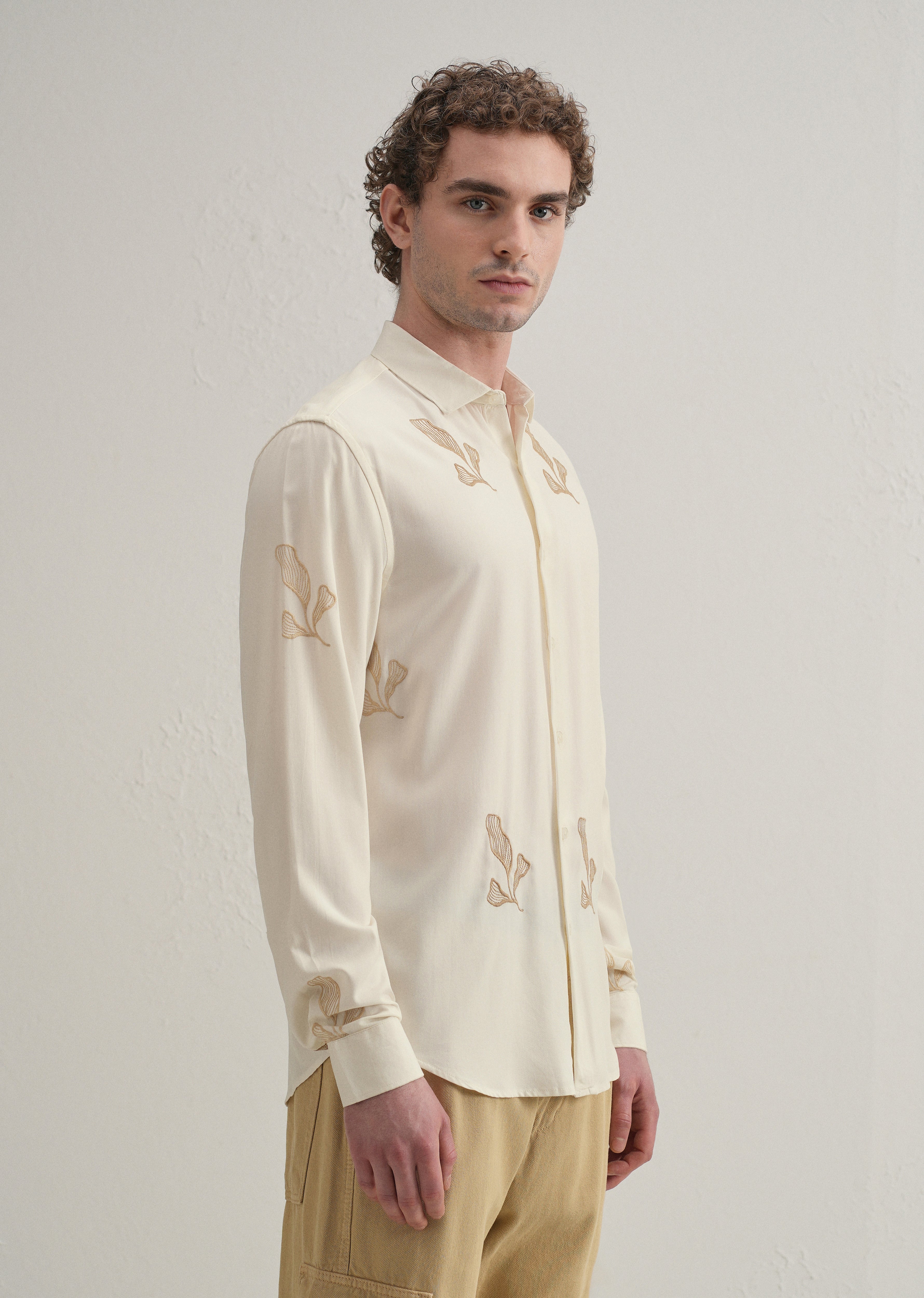 Cream Leaf Motif Embroidery Shirt