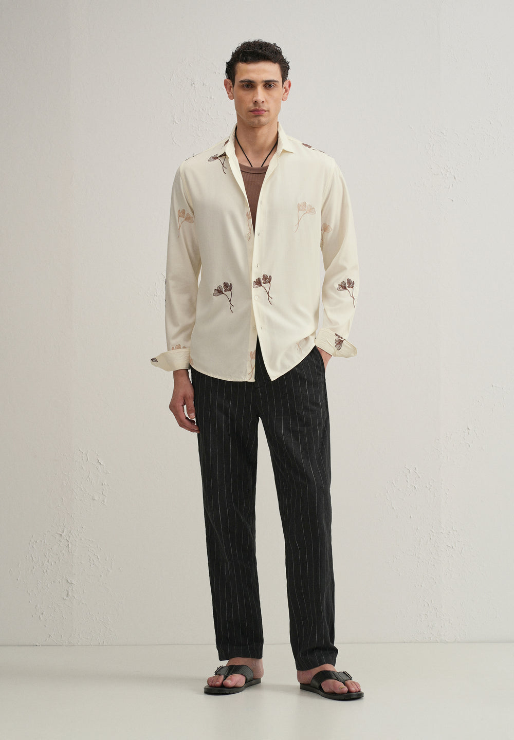 Cream Floral Motif Embroidery Shirt