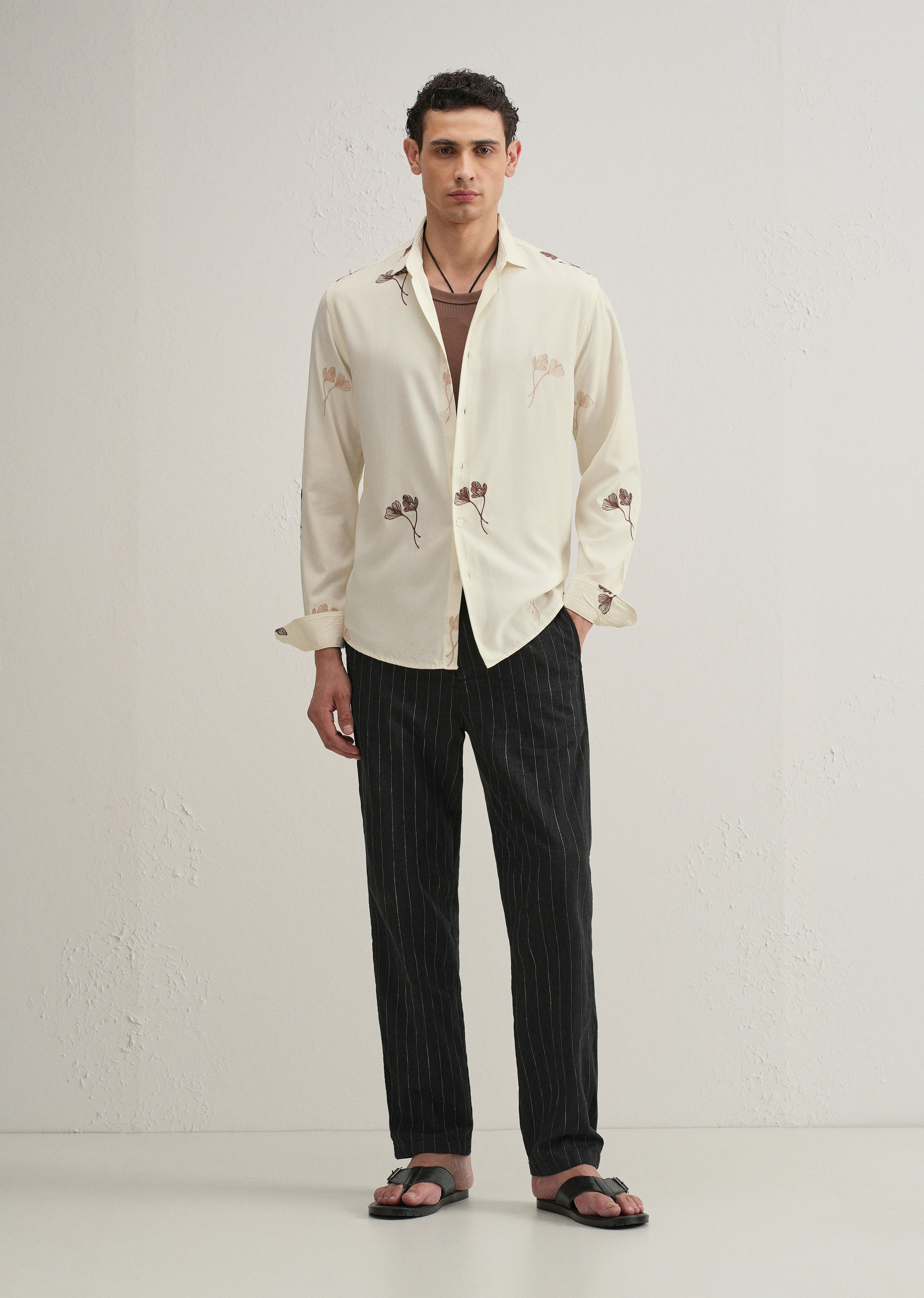 Cream Floral Motif Embroidery Shirt