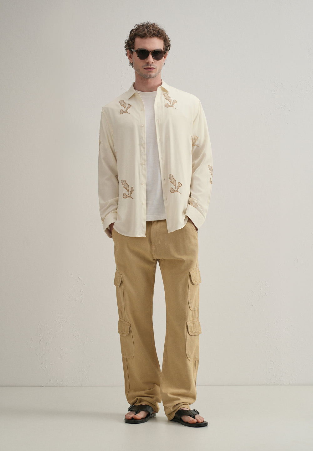 Cream Leaf Motif Embroidery Shirt