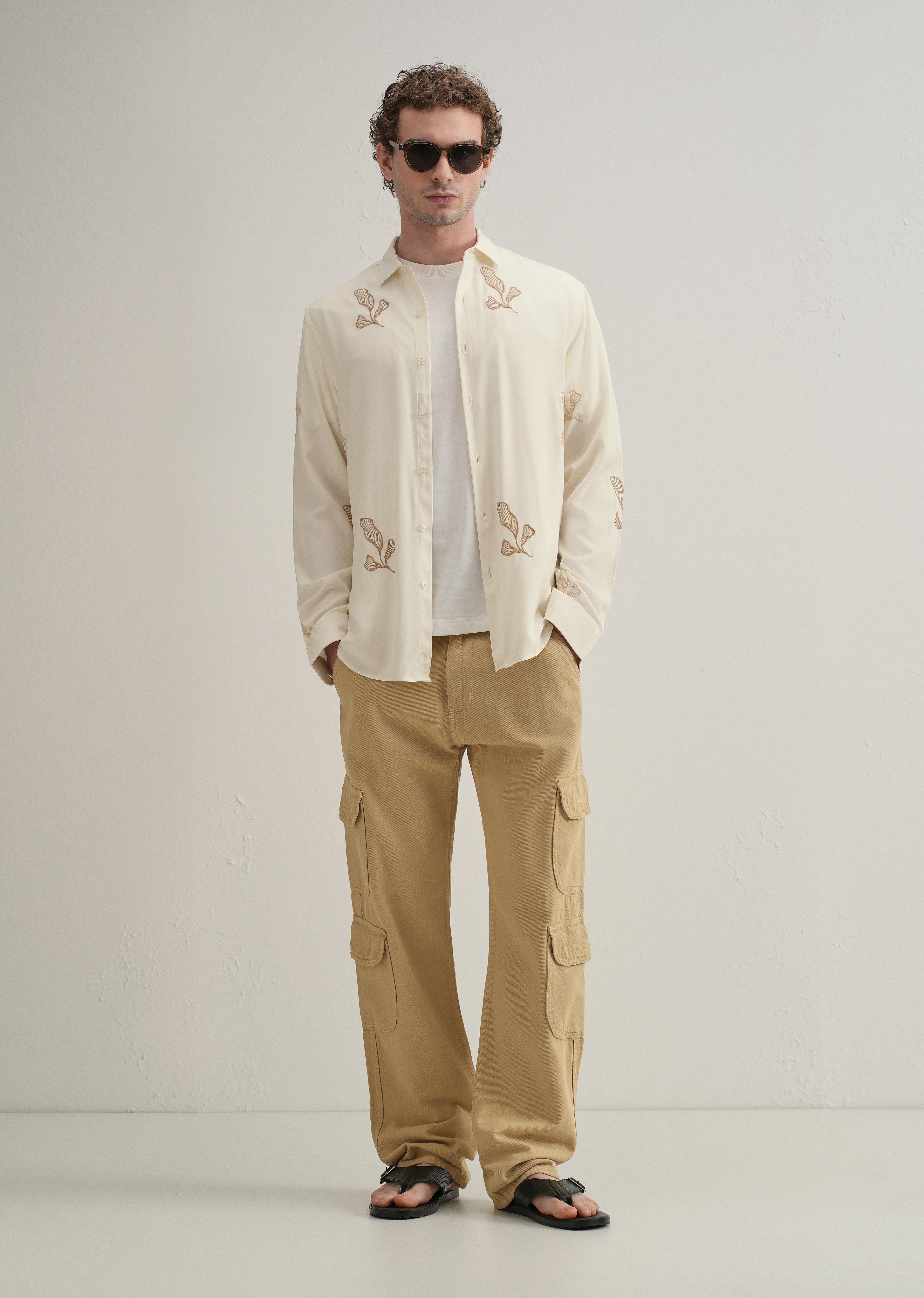 Cream Leaf Motif Embroidery Shirt