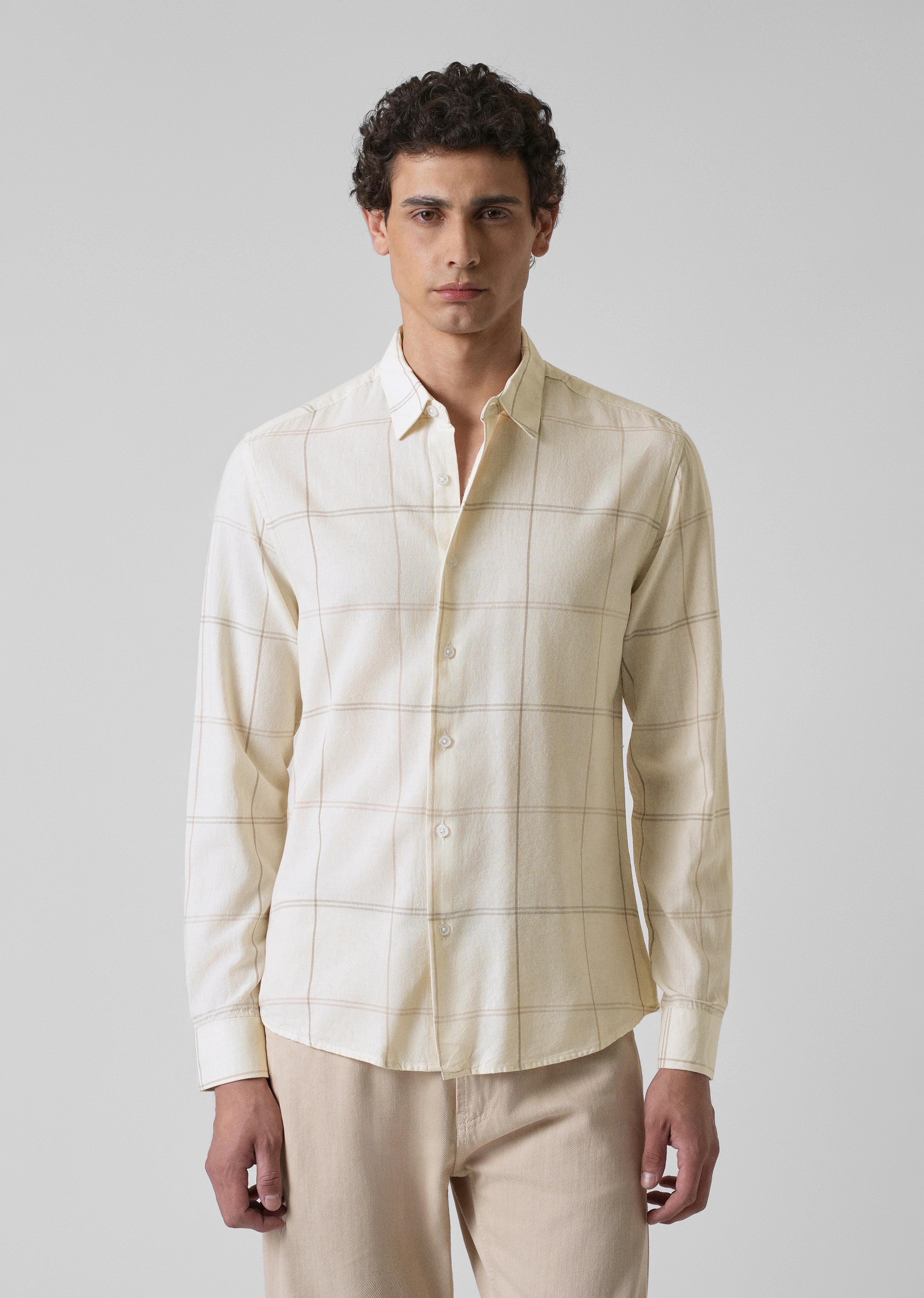 Cream Blended Linen Check Shirt