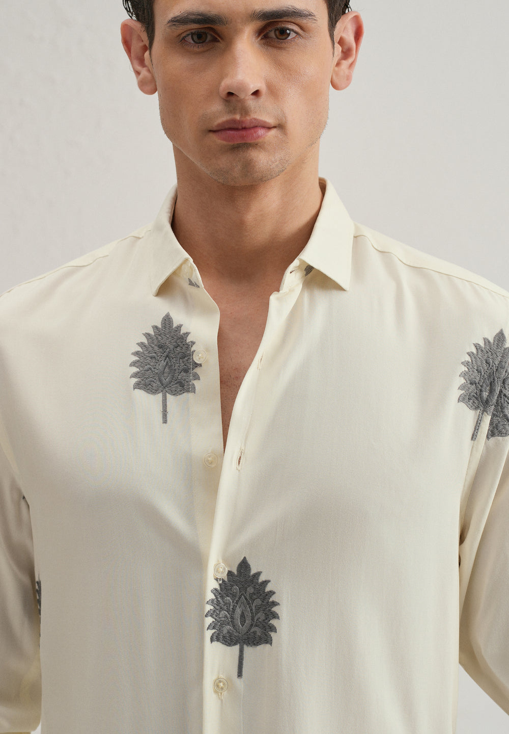 Cream Ethnic Motif Embroidery Shirt