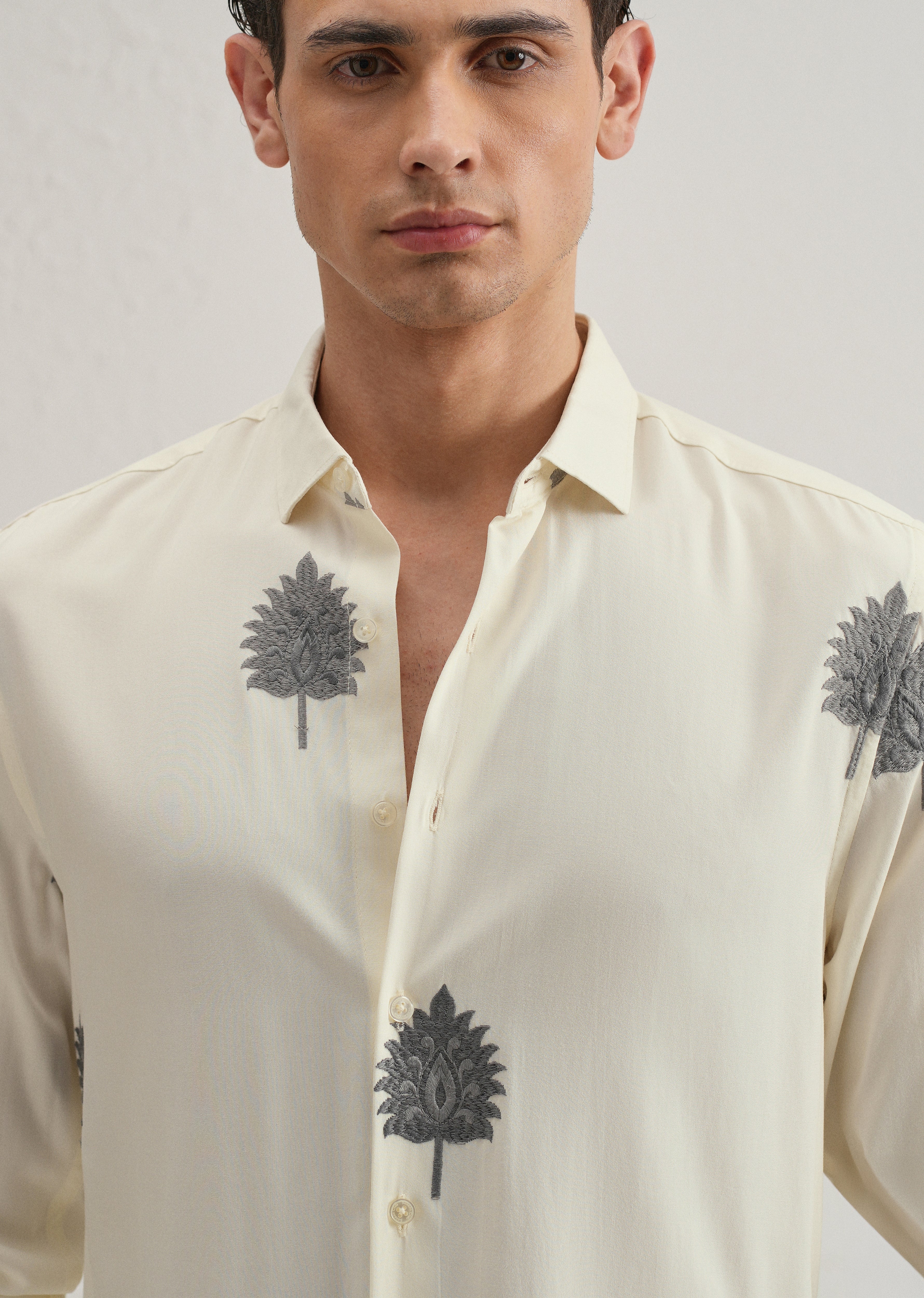 Cream Ethnic Motif Embroidery Shirt