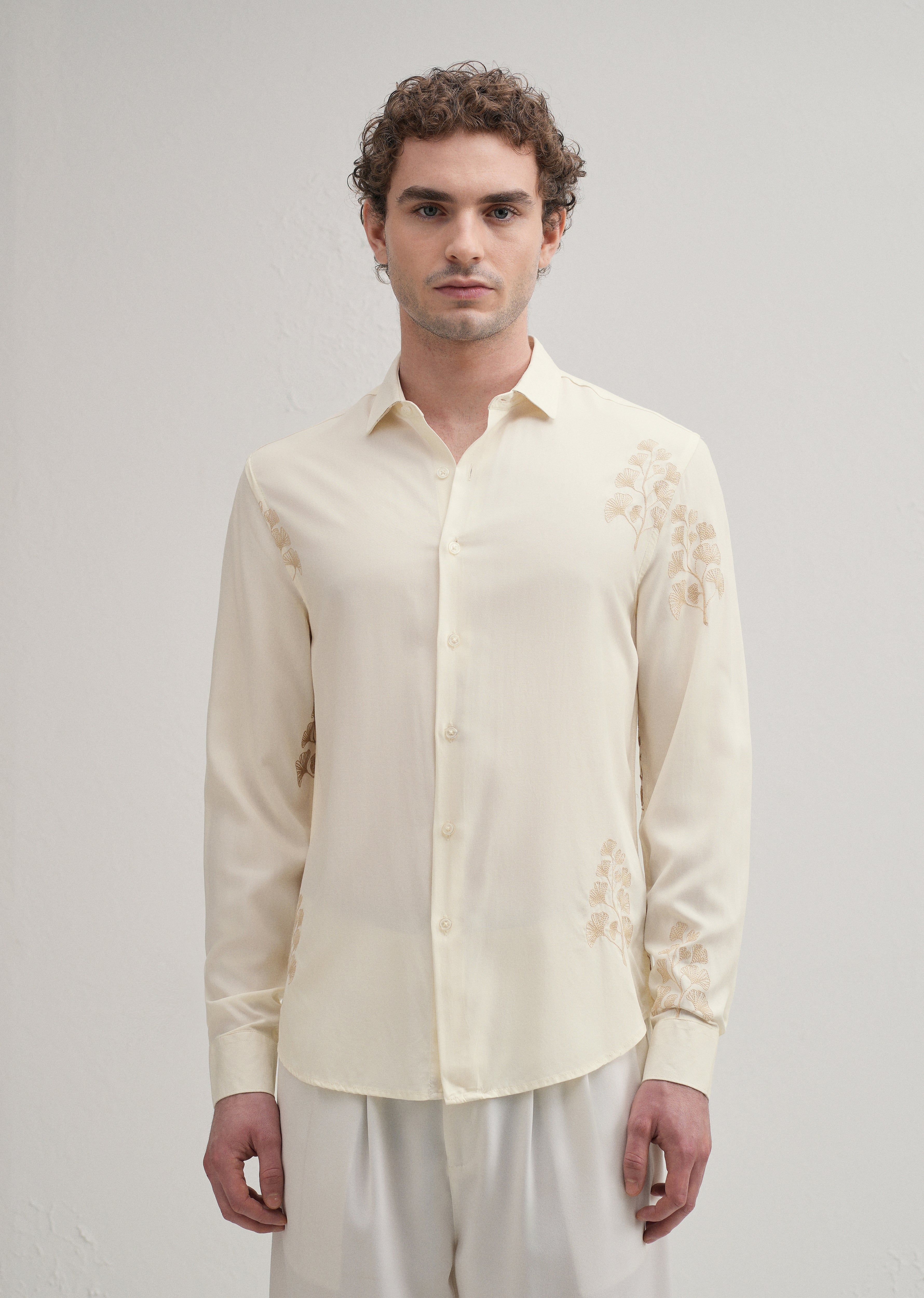 Cream Motif Embroidery Shirt