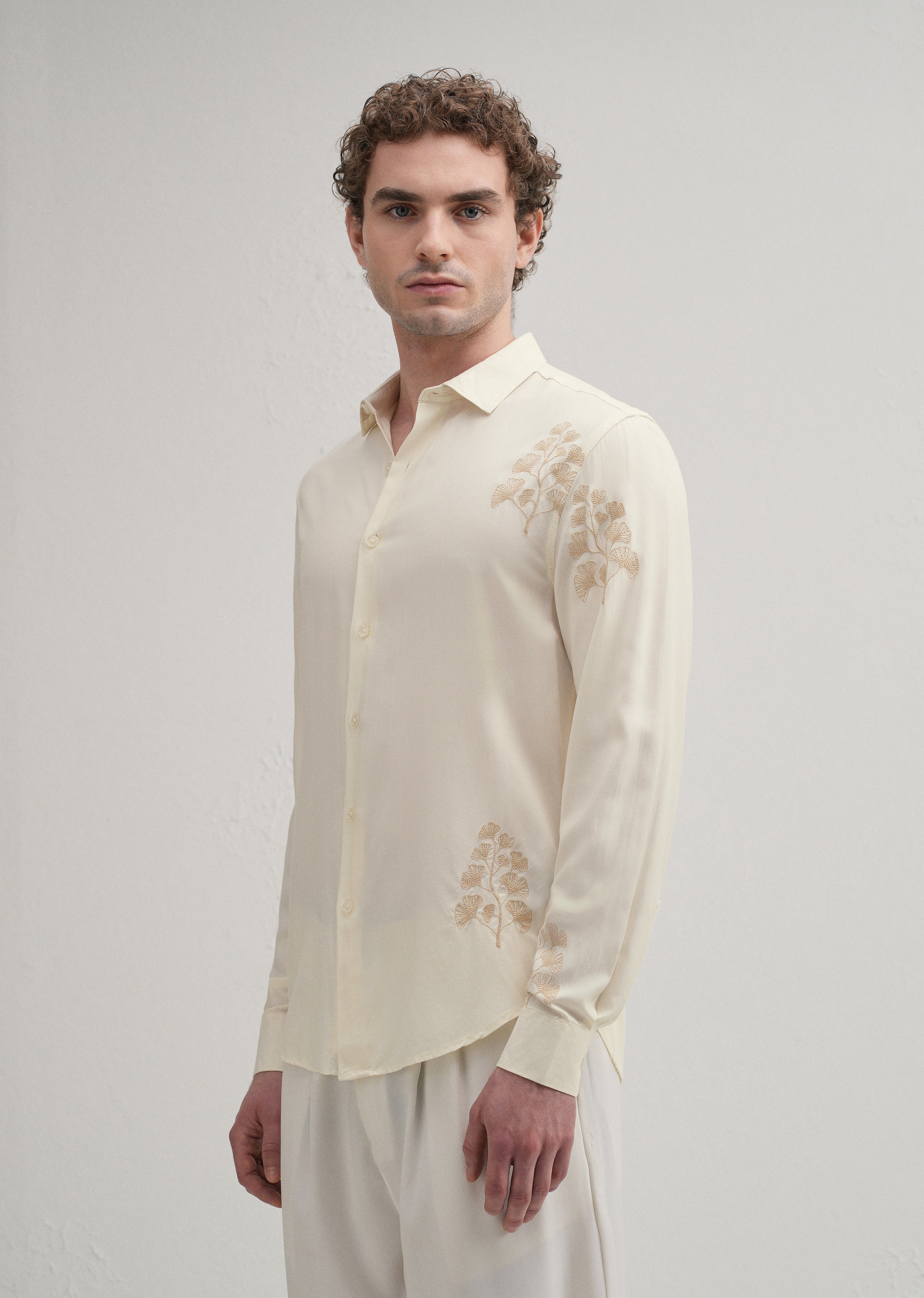 Cream Motif Embroidery Shirt