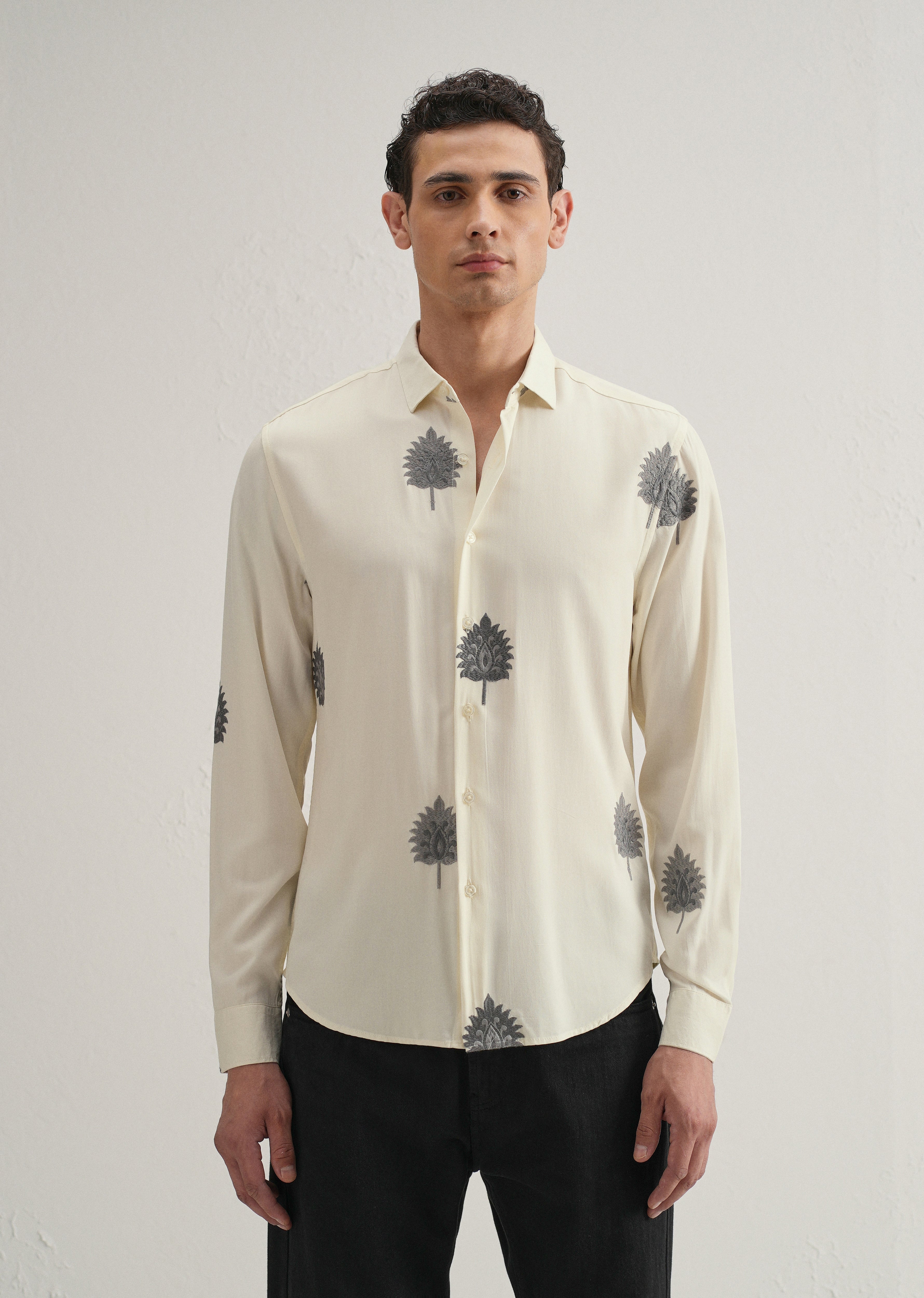 Cream Ethnic Motif Embroidery Shirt
