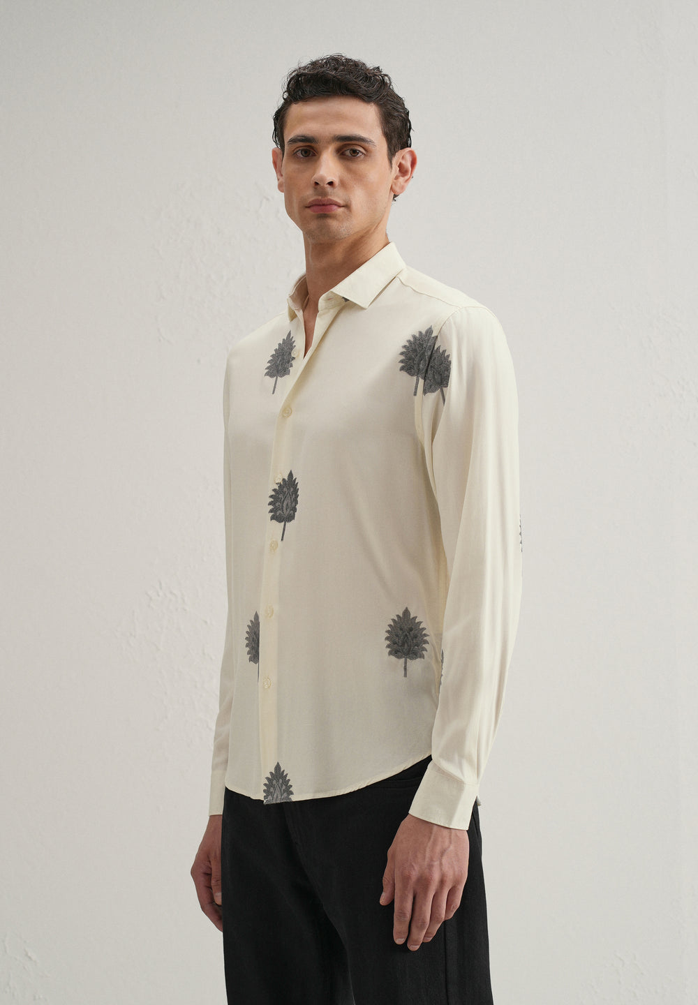 Cream Ethnic Motif Embroidery Shirt