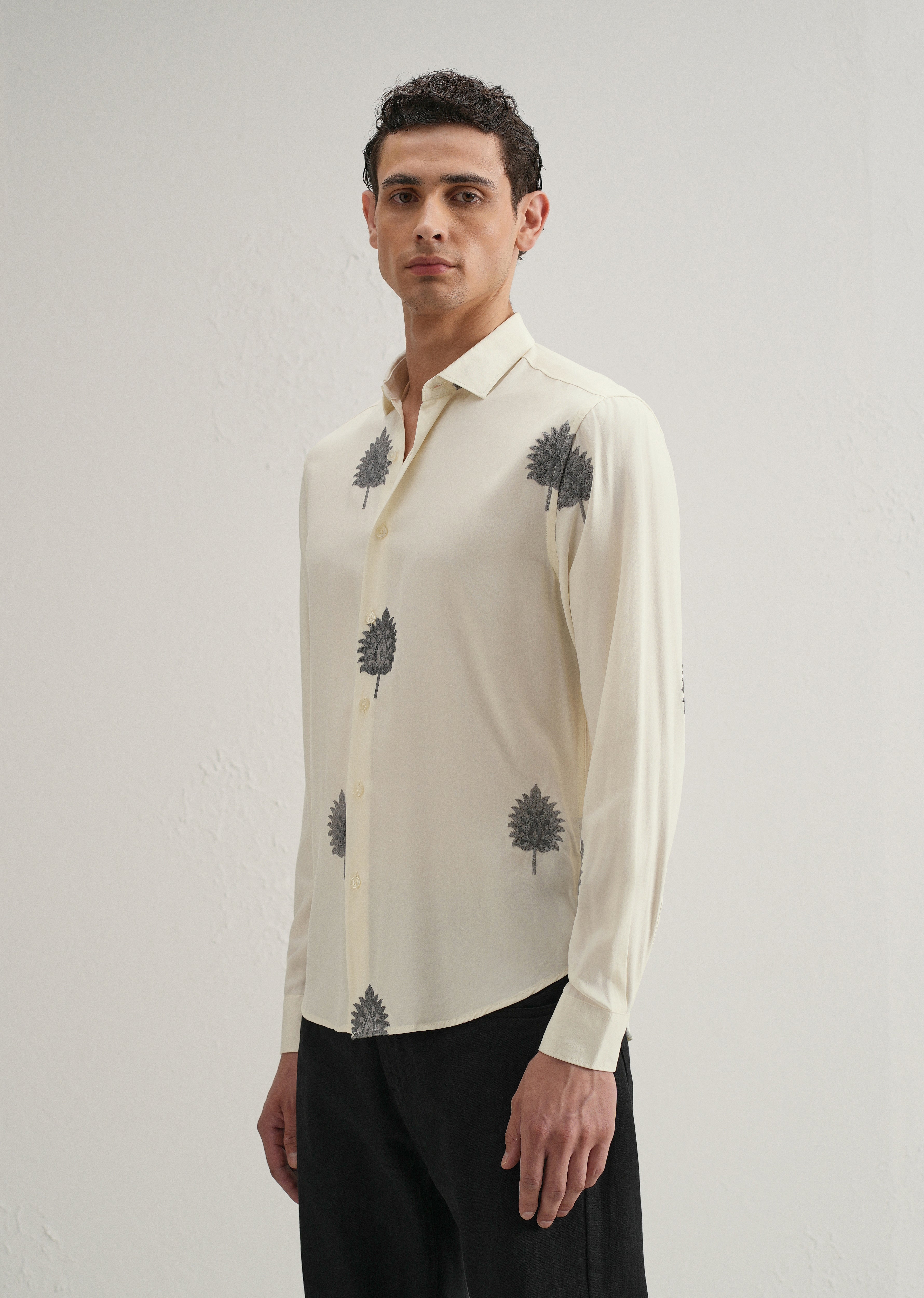 Cream Ethnic Motif Embroidery Shirt