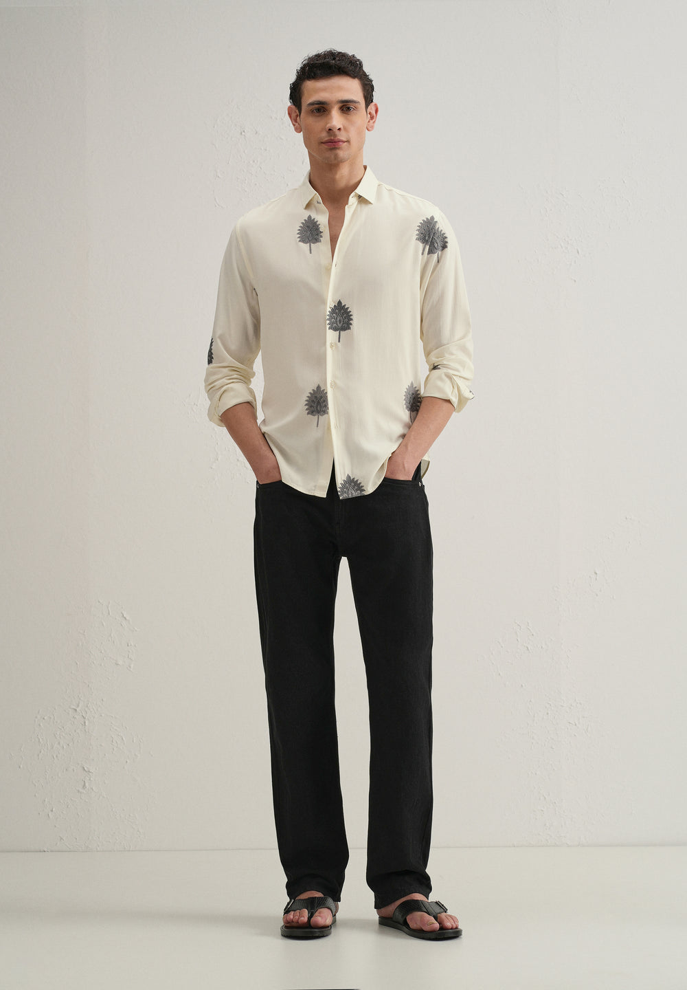 Cream Ethnic Motif Embroidery Shirt